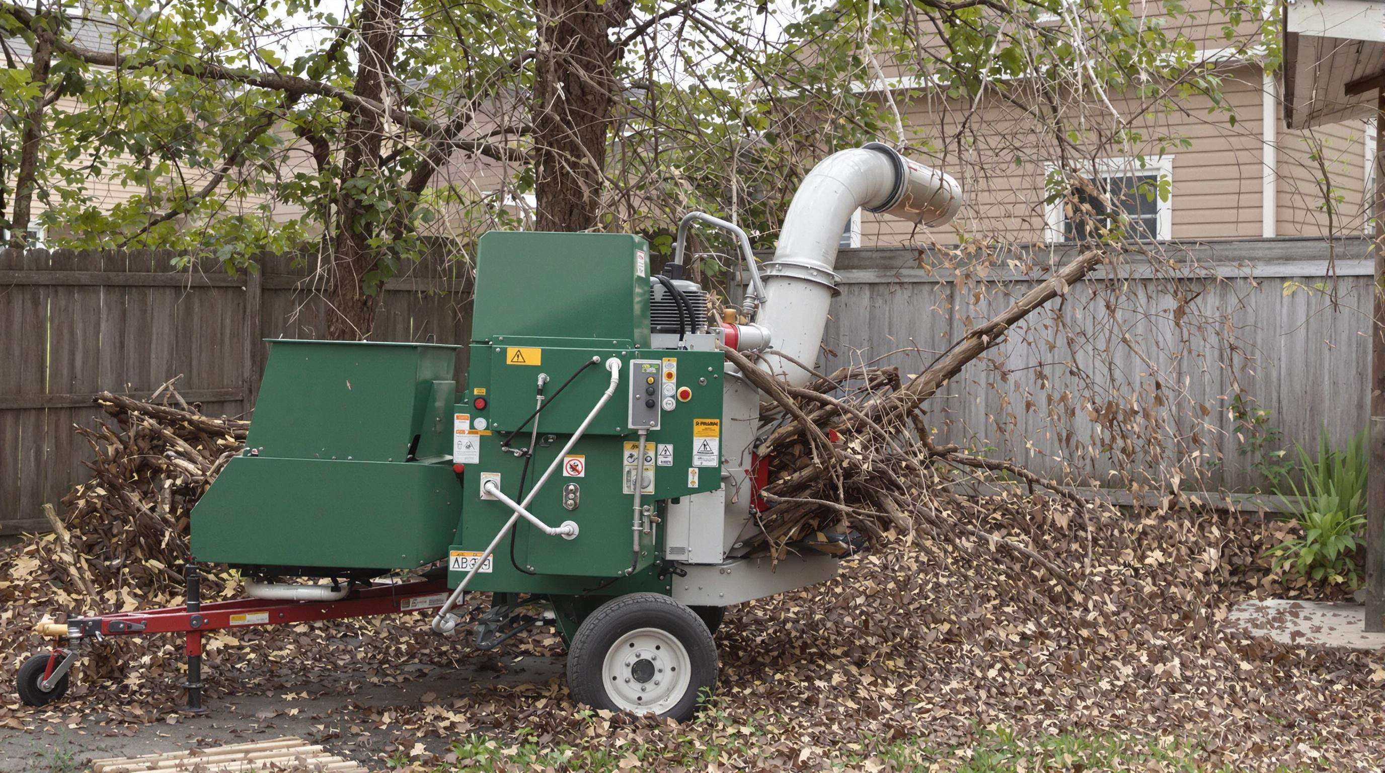 A realistic photo of a branch shredder processing garden waste, showing branches entering the machine and mulch coming out