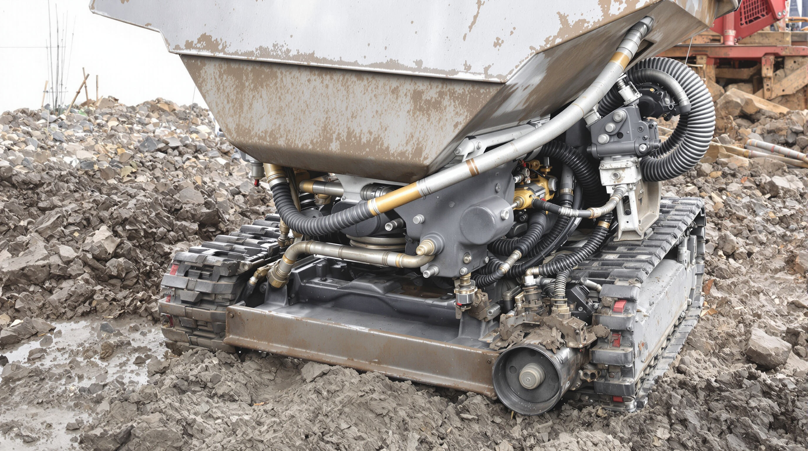 Mini dumper with exposed hydraulic lines operating on mixed terrain