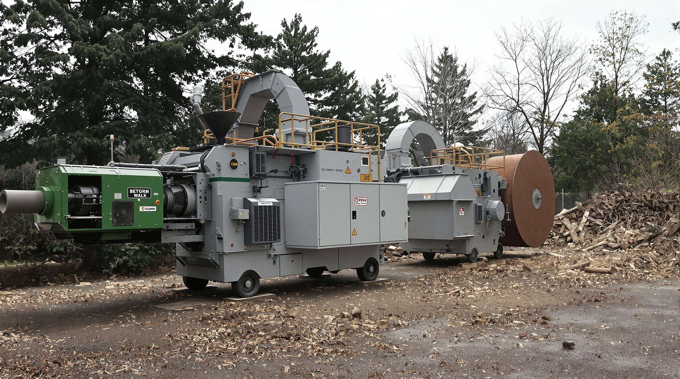 Two different chipper shredder machines, one drum system and one disc system, processing wood in an outdoor yard