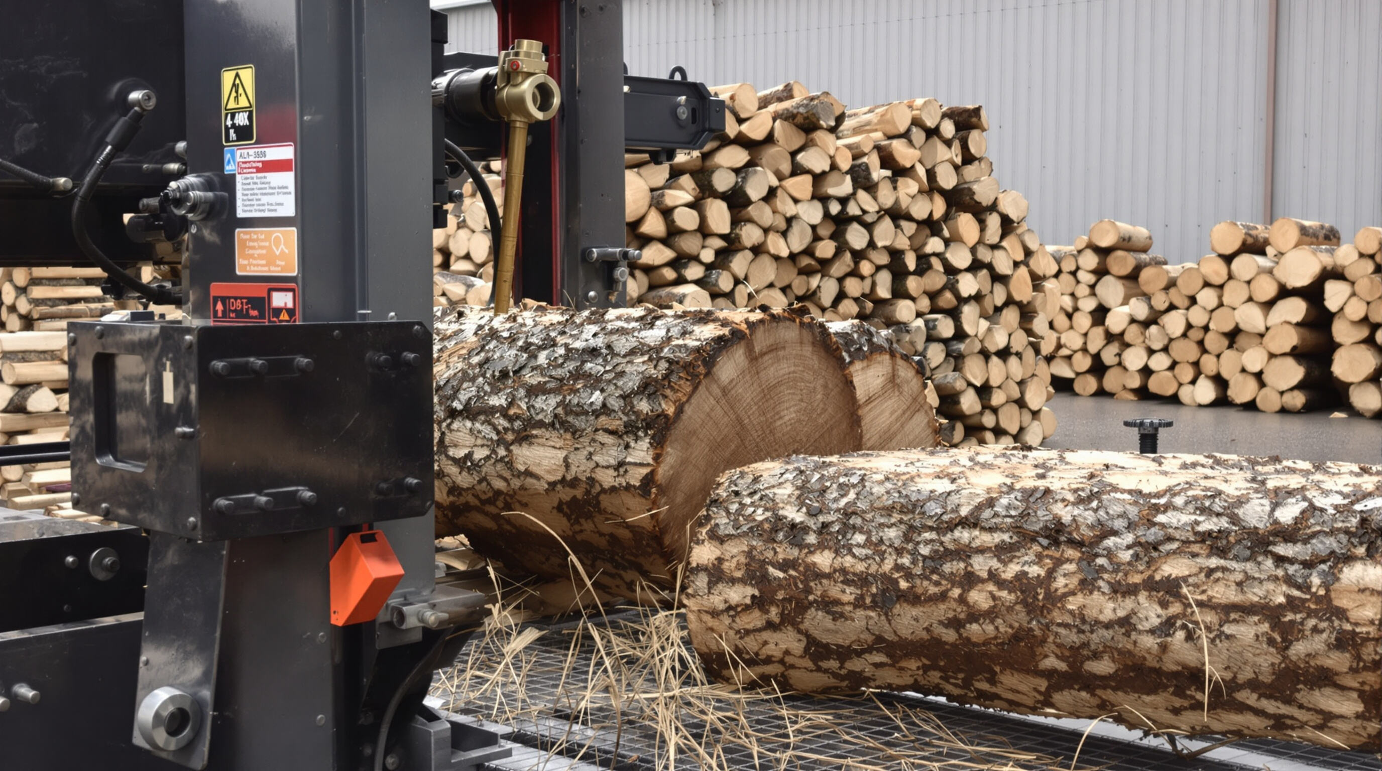Commercial log splitter operating in an industrial yard, splitting large logs with hydraulic components visible