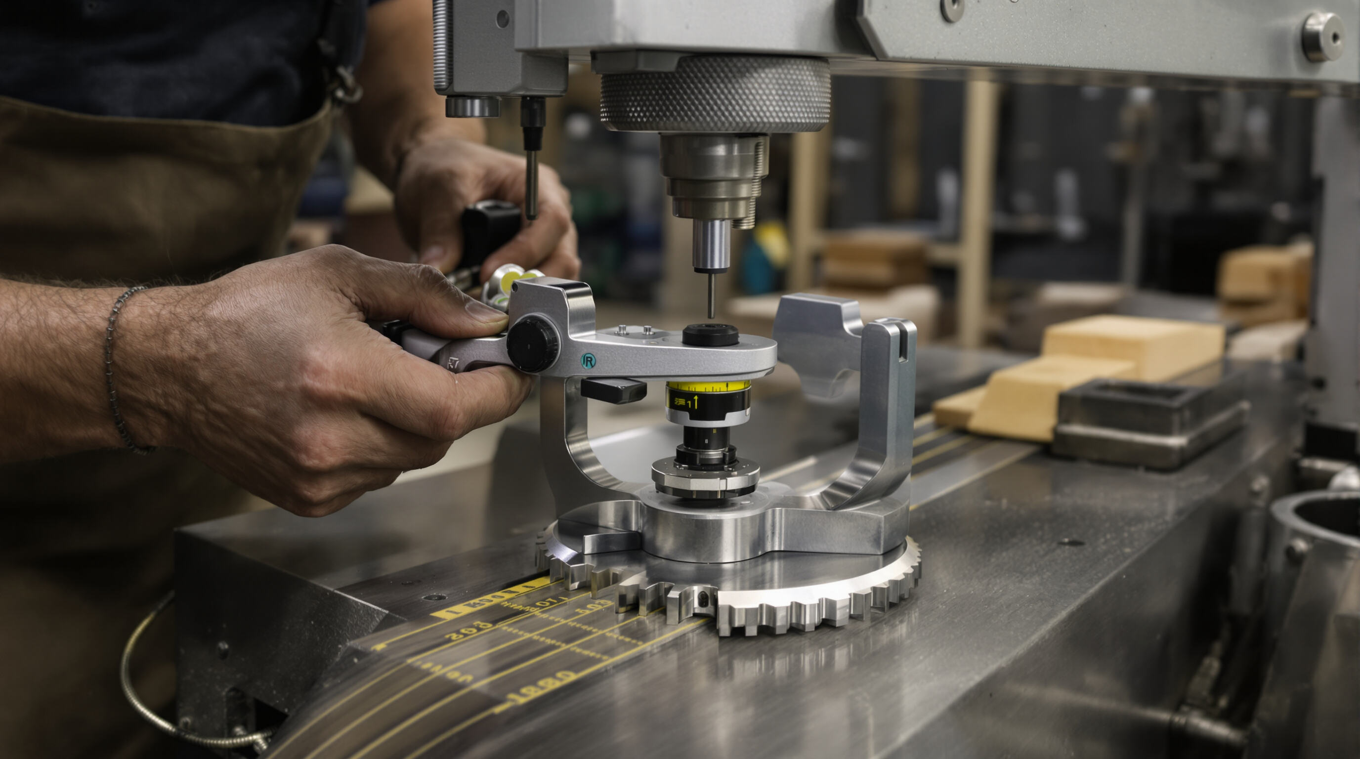 Technician checking wood chipper blade alignment and balance with precision tools