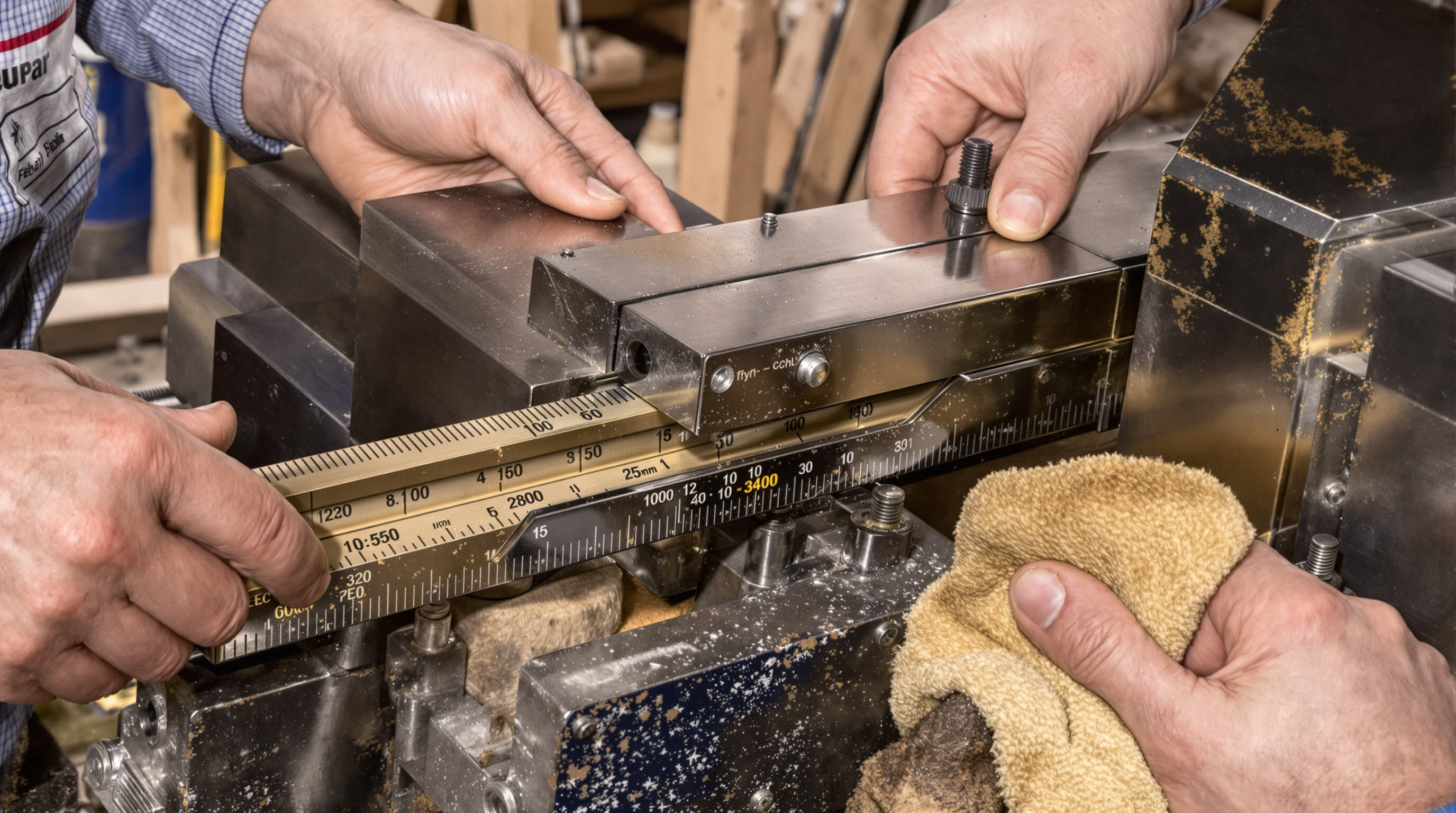 Worker maintaining precise gap between chipper knives and anvil and cleaning chamber