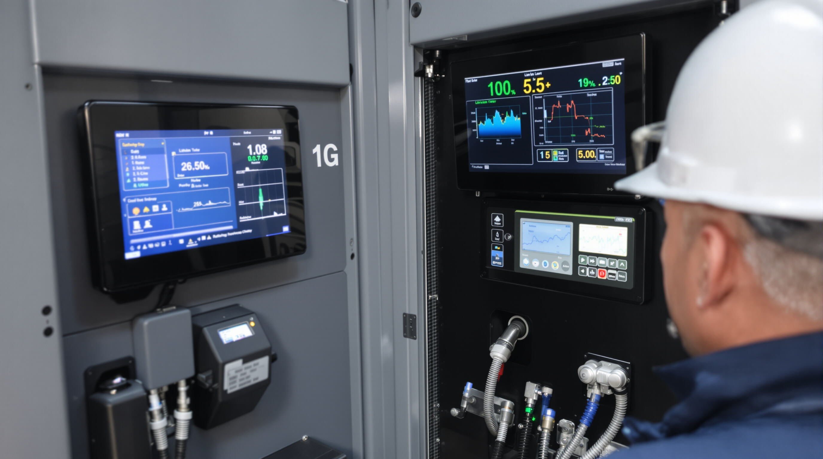 Technician checking lithium-ion batteries charging in a station beside construction equipment