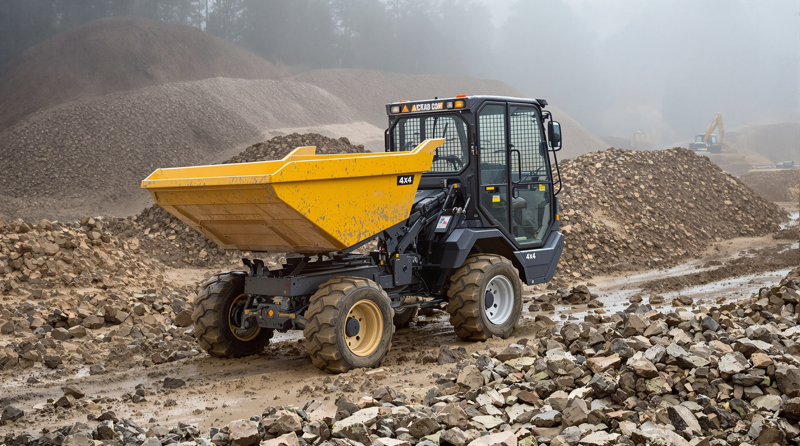 Photorealistic image of a 4x4 mini dumper traversing muddy, rocky terrain at a construction site