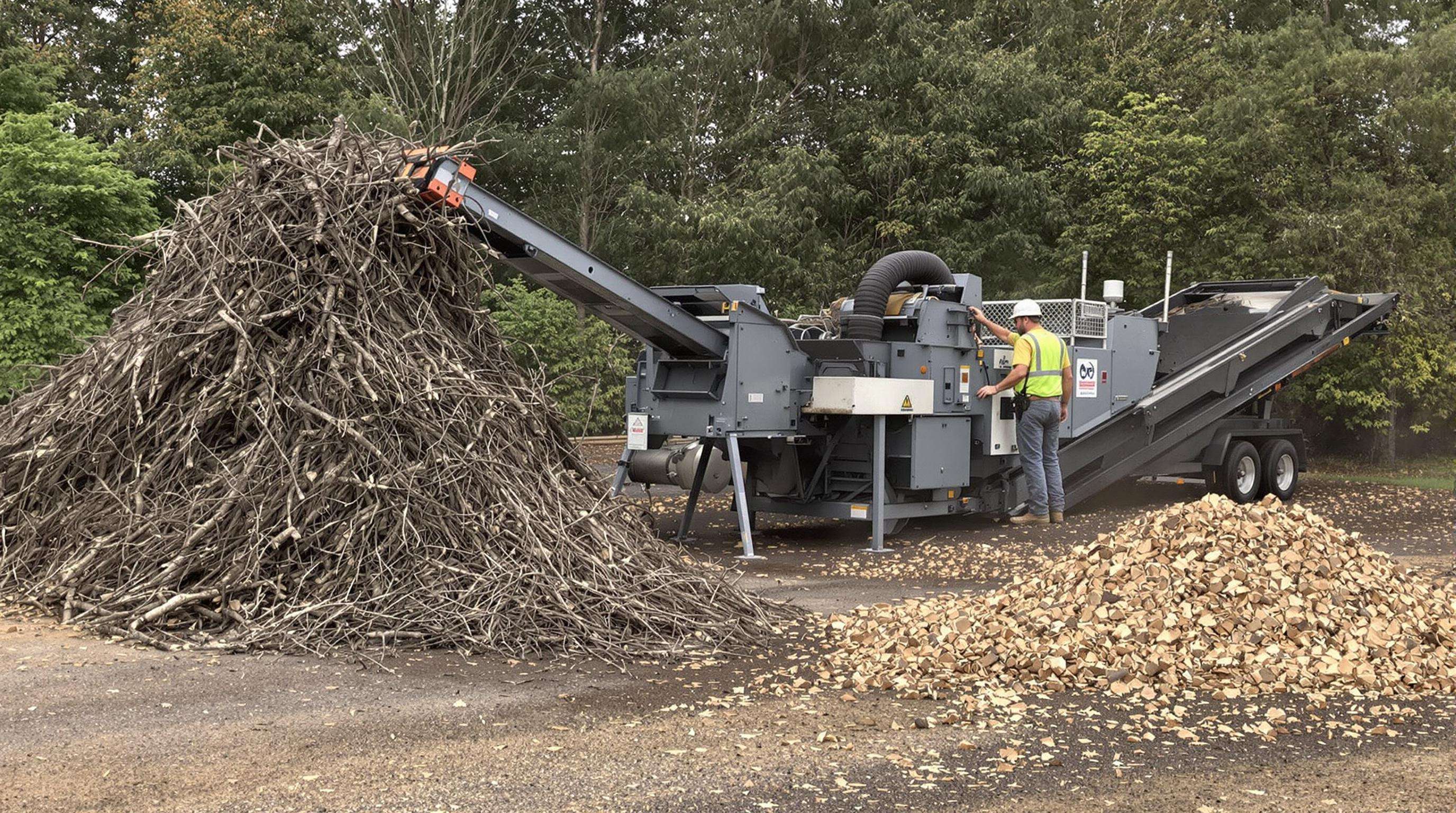 Industrial branch shredder turning a large pile of branches into a small pile of mulch with a worker overseeing the process