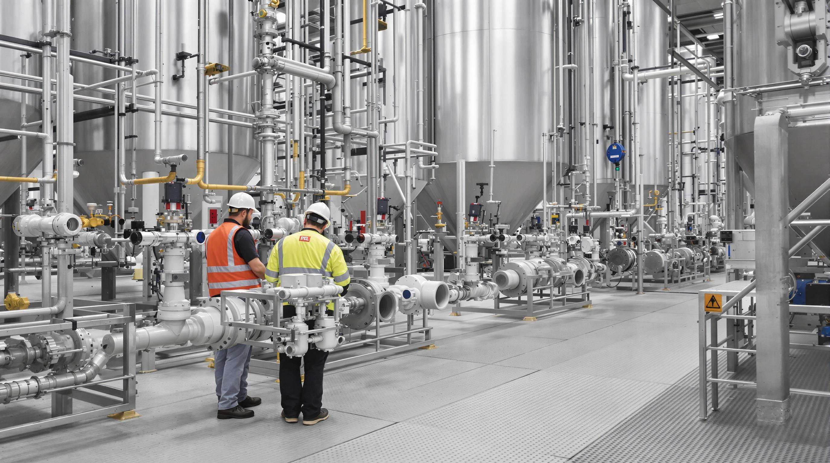 Photorealistic image of PTFE diaphragm valves in a chemical plant with engineers inspecting the systems
