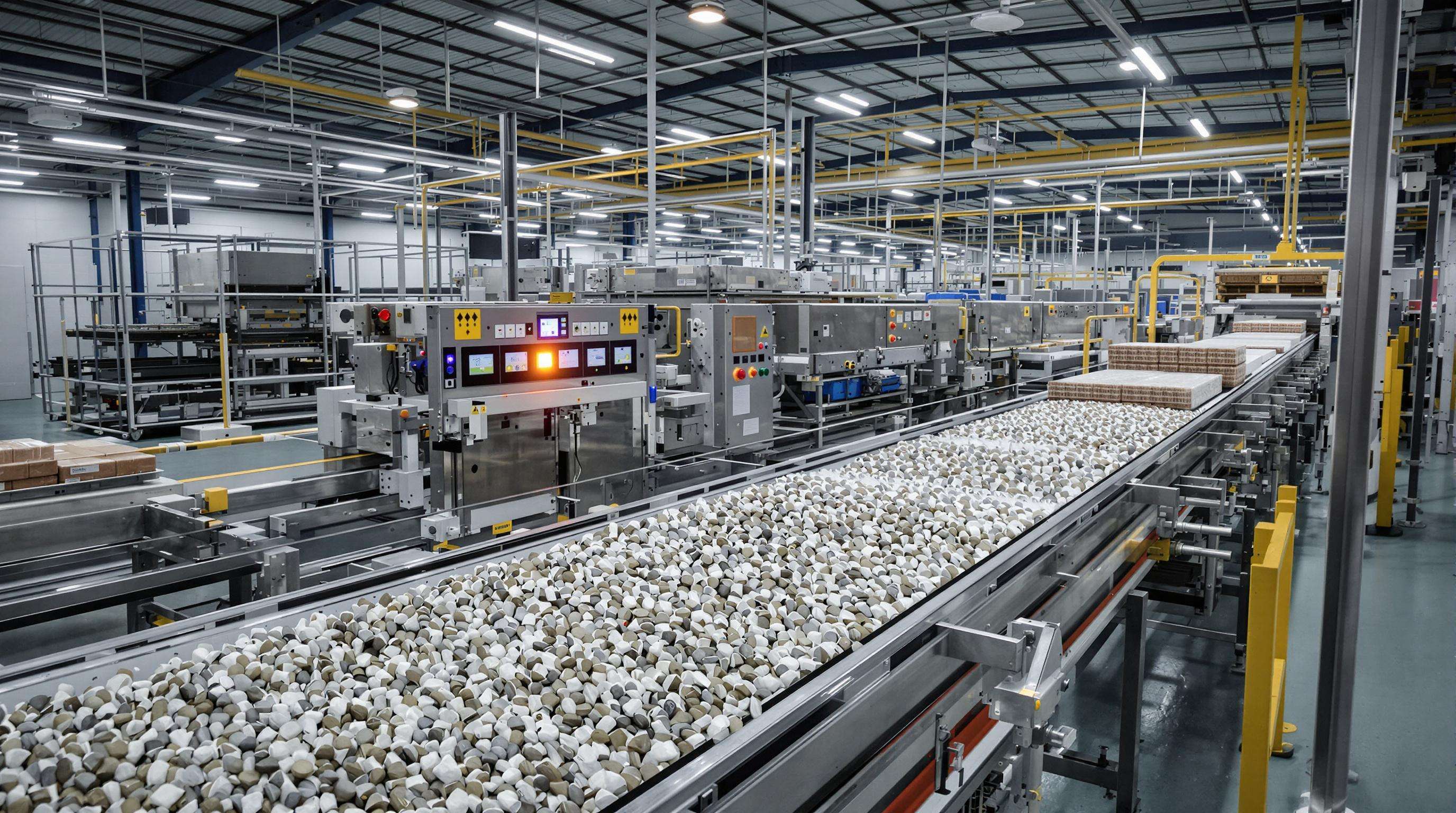 Automated conveyor systems in a manufacturing plant moving different bulk materials