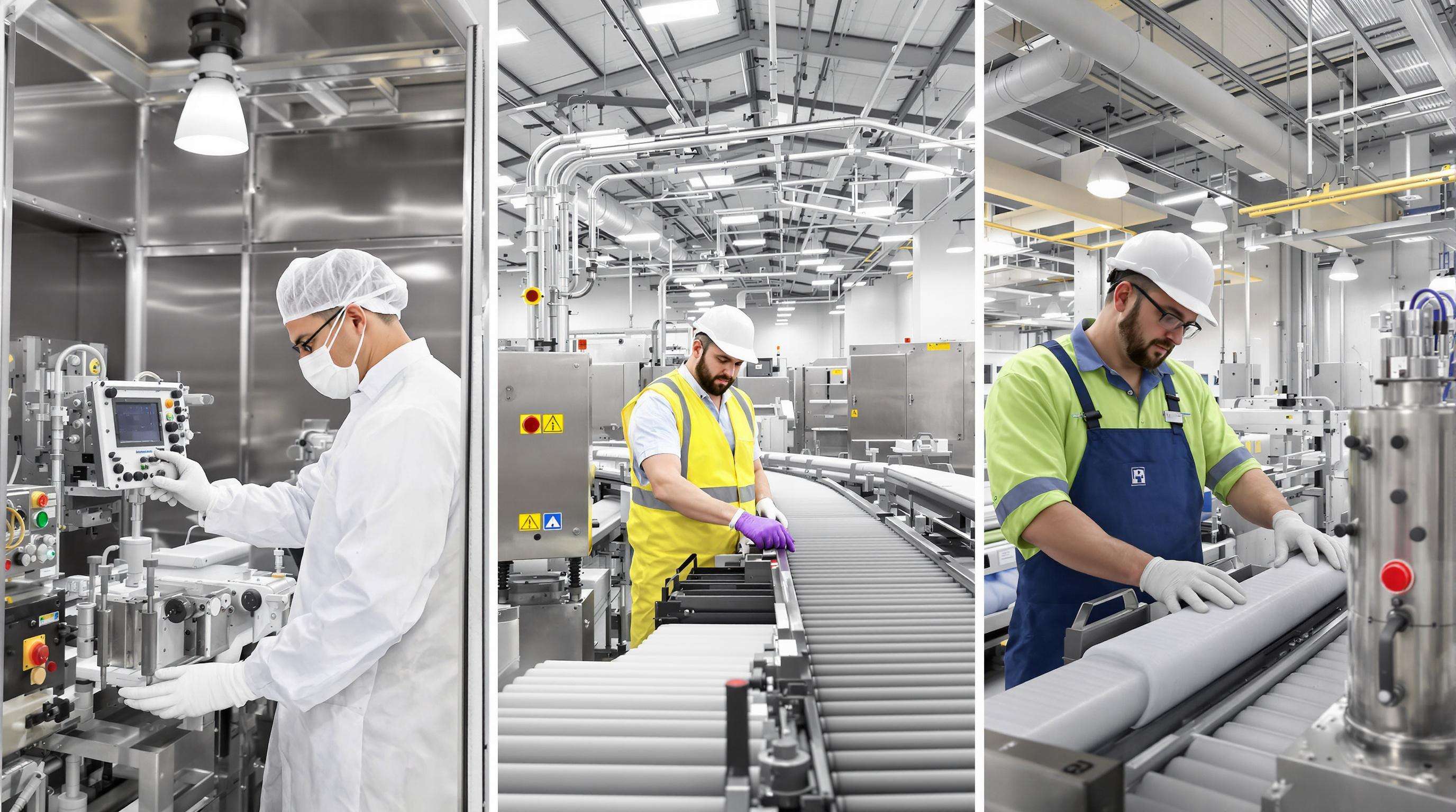 Industrial workers inspecting pharmaceutical, food, and plastics material conveying systems in their respective environments