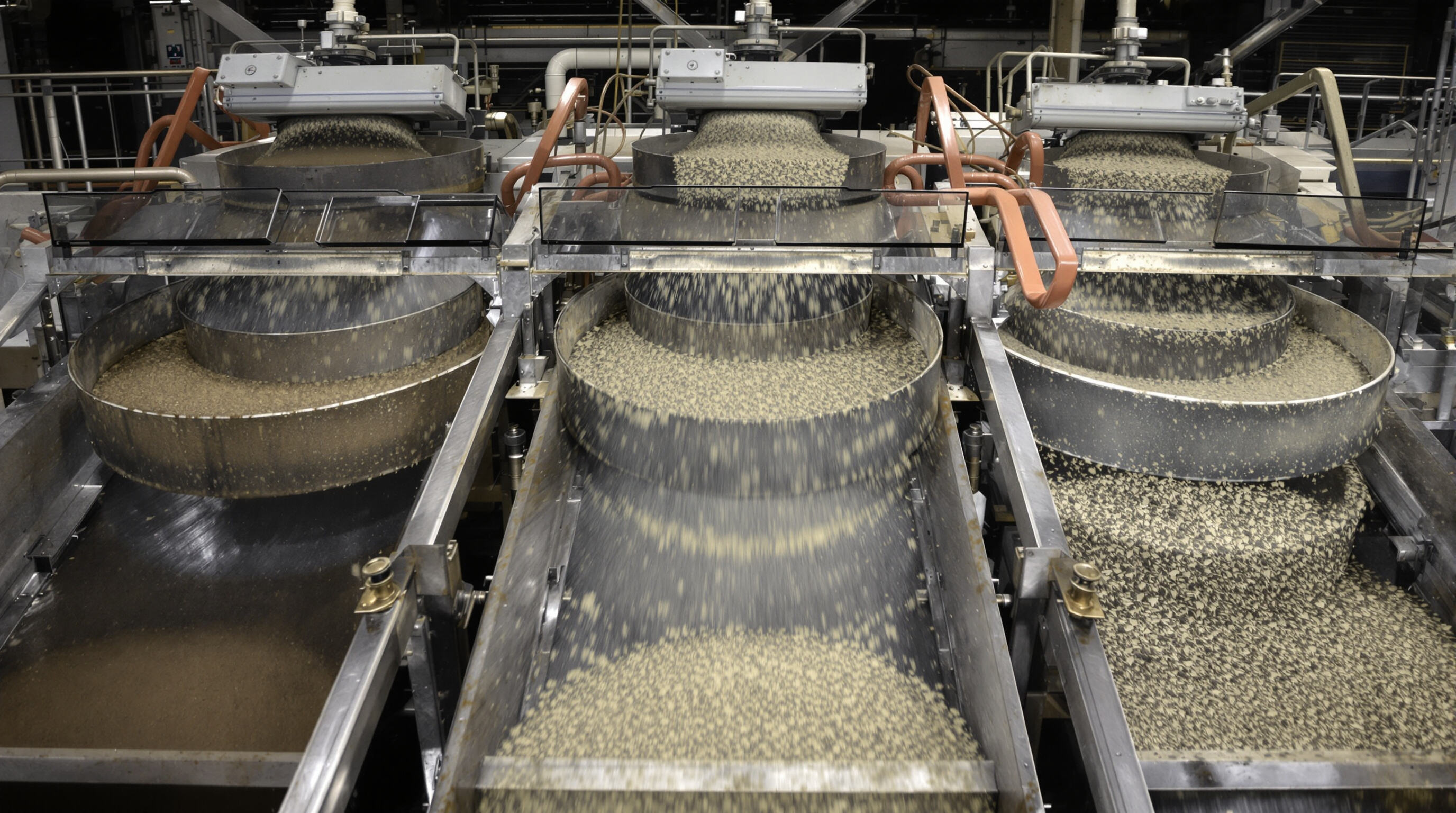Three industrial screening machines processing materials with circular, linear, and elliptical motions