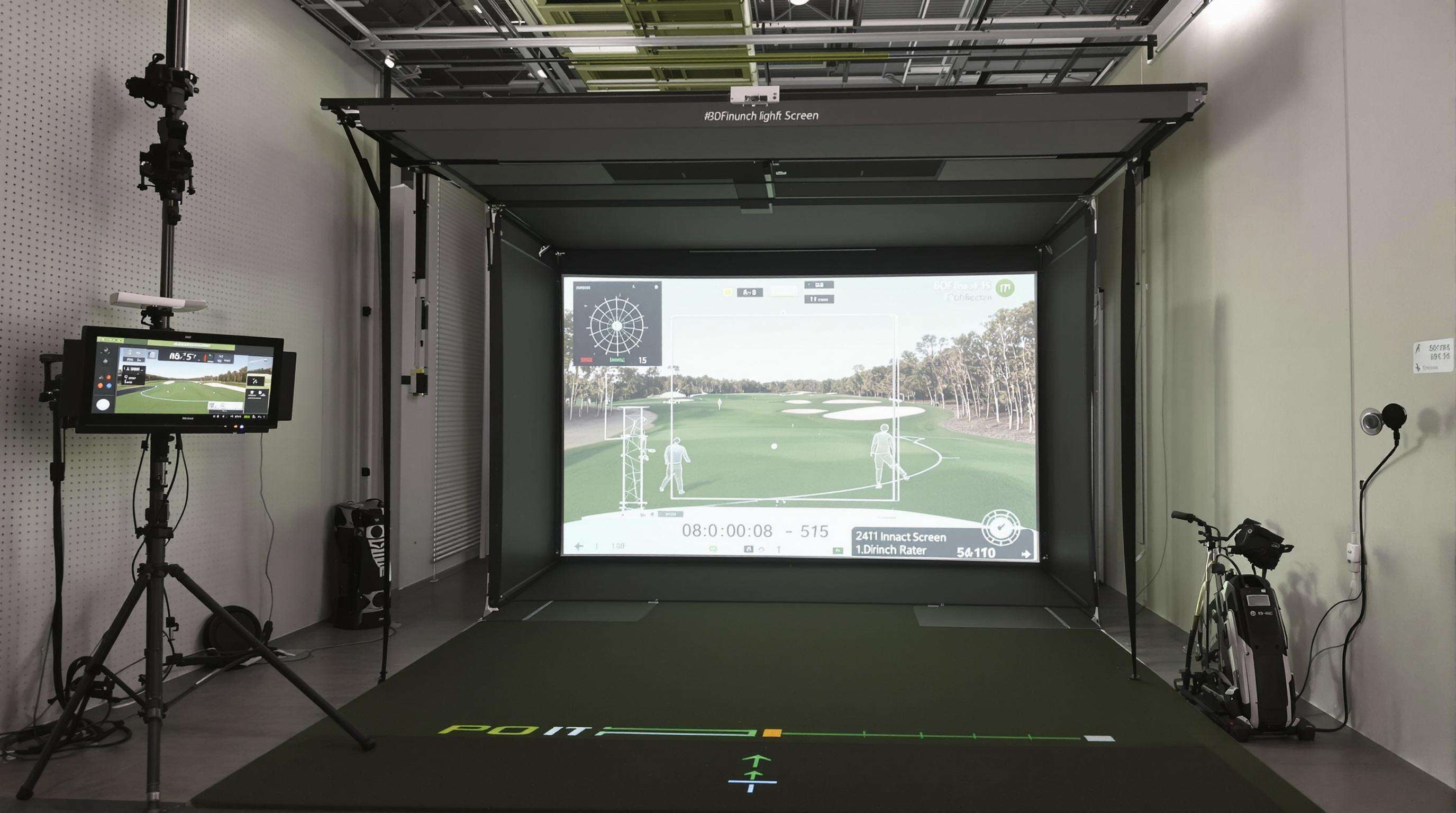 Photorealistic image of a modern swing screen machine setup with visible launch monitor and Doppler radar in an indoor golf facility