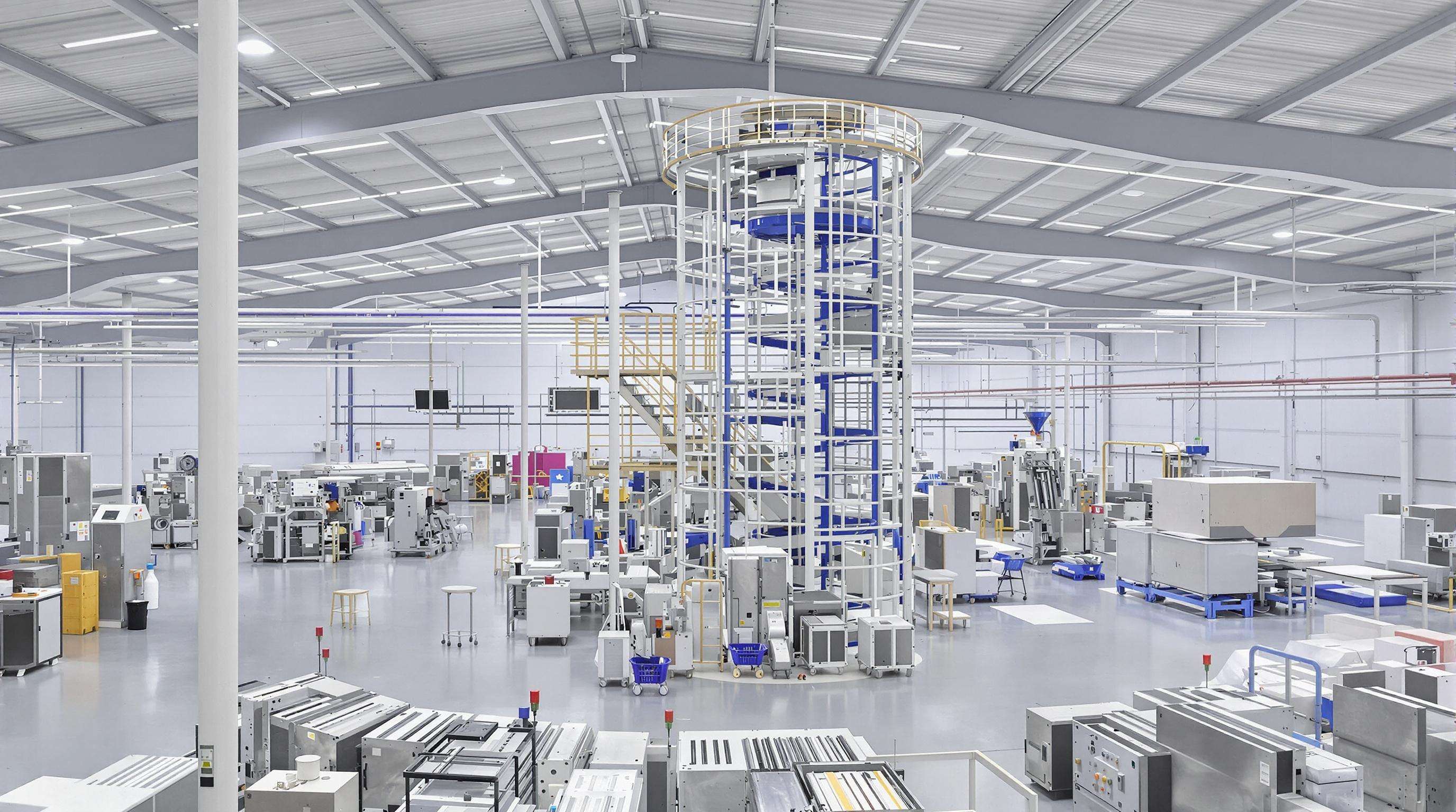 Factory interior with curved conveyors and spiral elevator optimizing space under a low ceiling