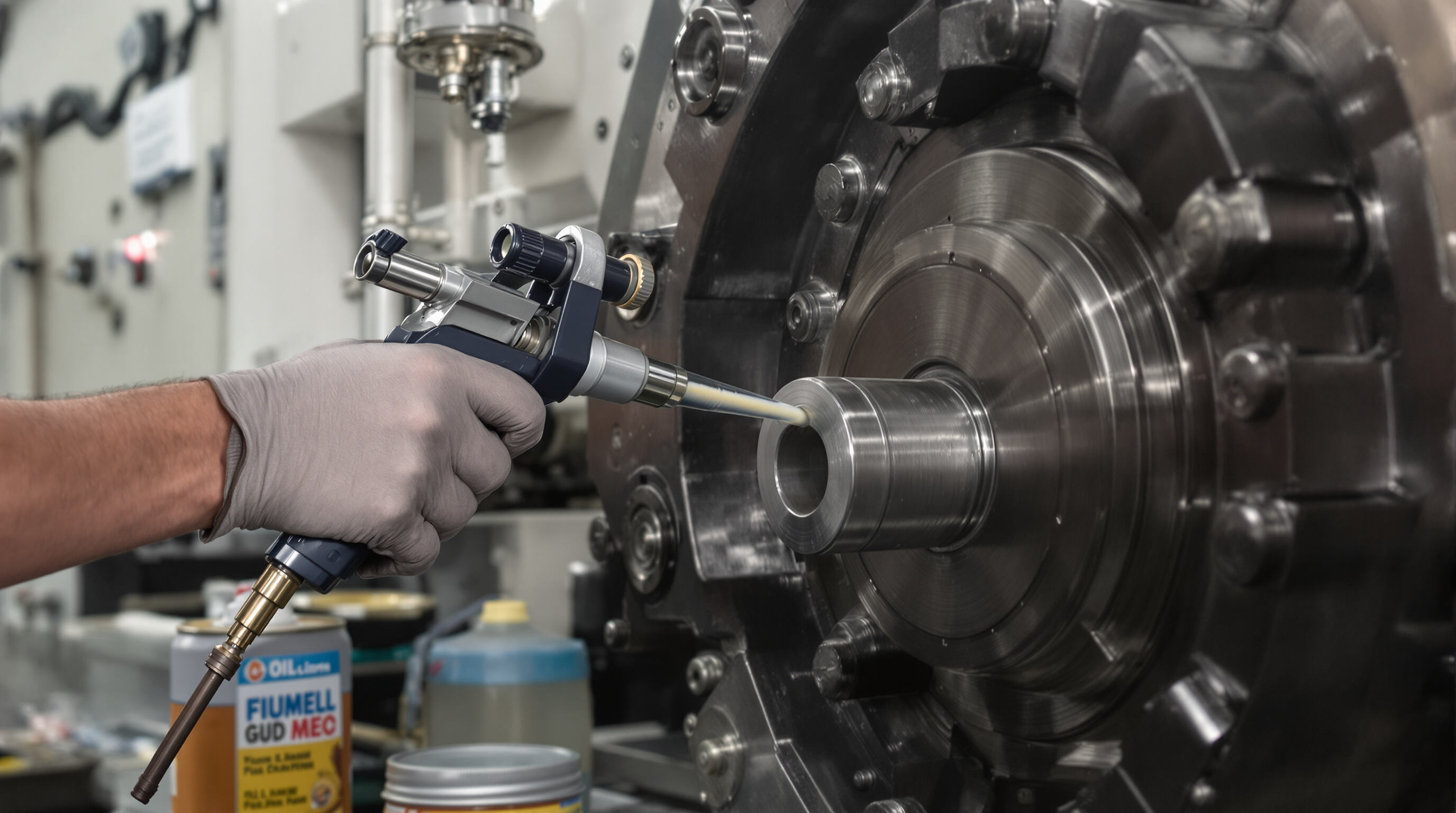 Photorealistic close-up of a technician using a grease gun on a machine bearing, with lubricants and bearing details in view.