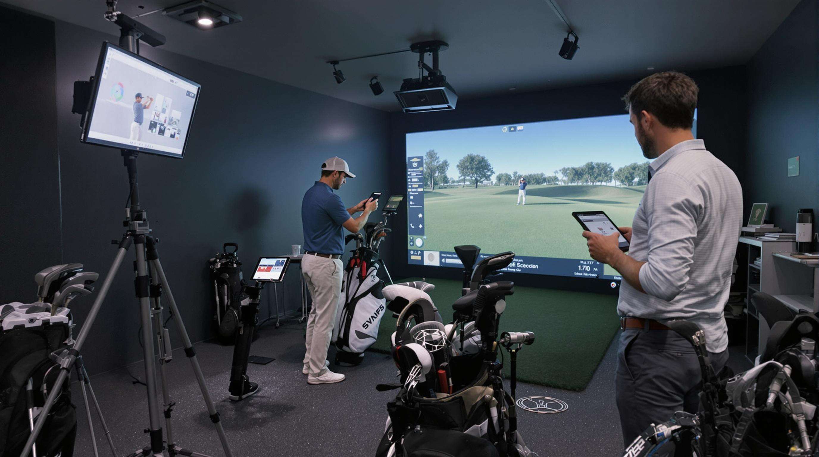 Photorealistic indoor scene with golfers using and setting up a swing screen machine, highlighting easy setup and user interaction