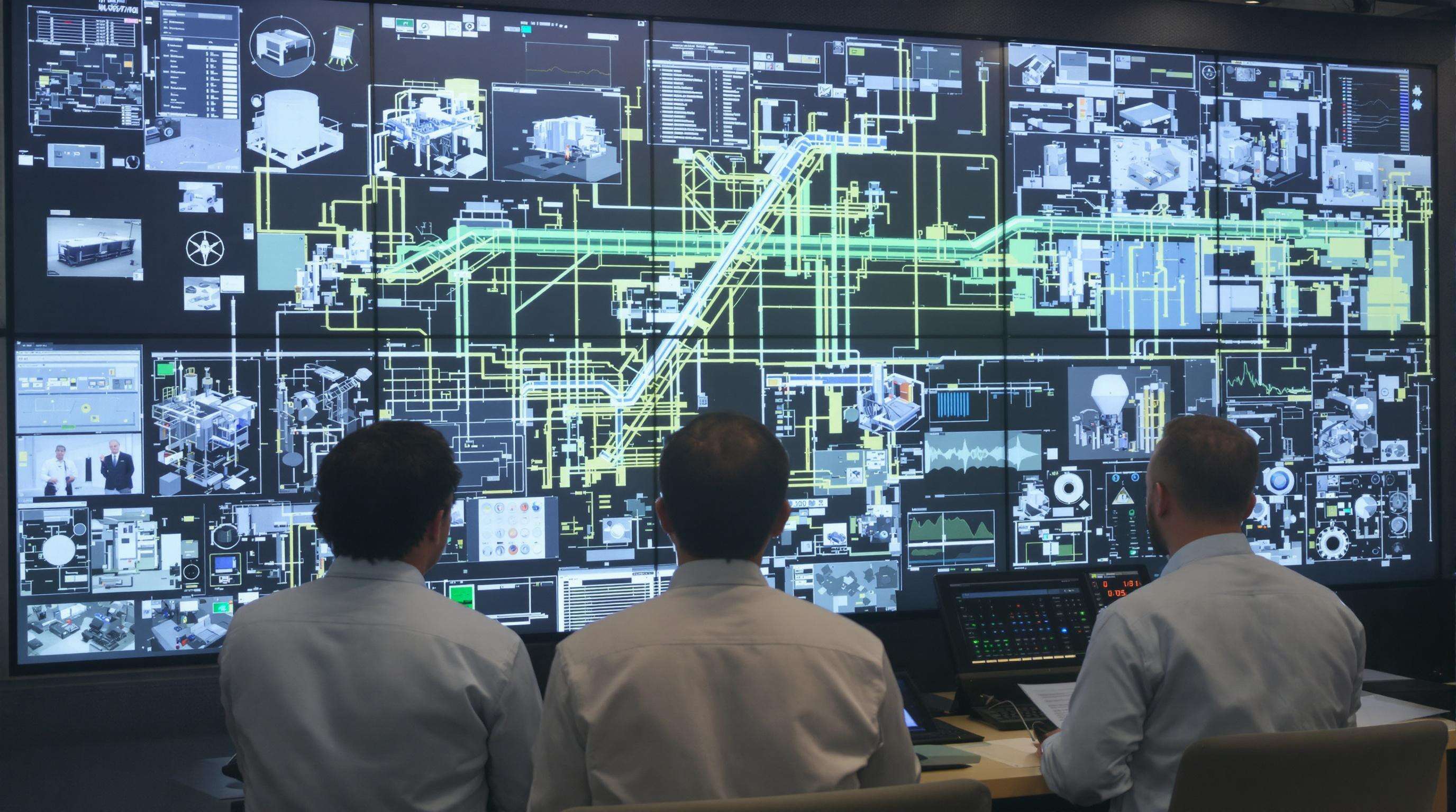 Photorealistic control center with engineers overseeing interconnected centralized material conveying networks on large digital screens