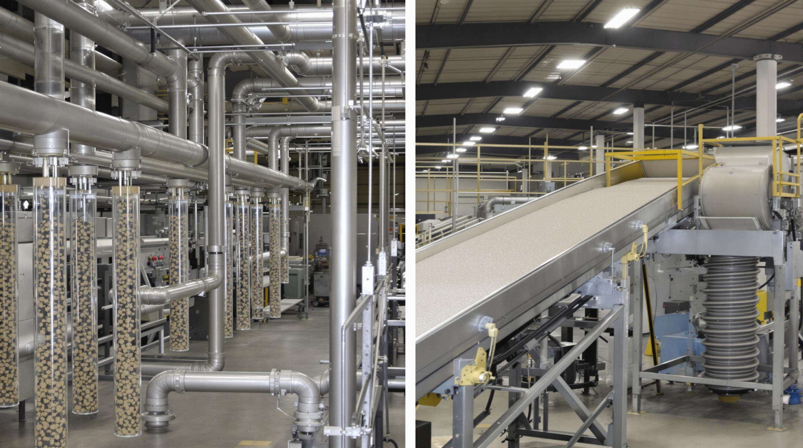 Photorealistic scene comparing pneumatic pipes and mechanical conveyors inside an industrial facility