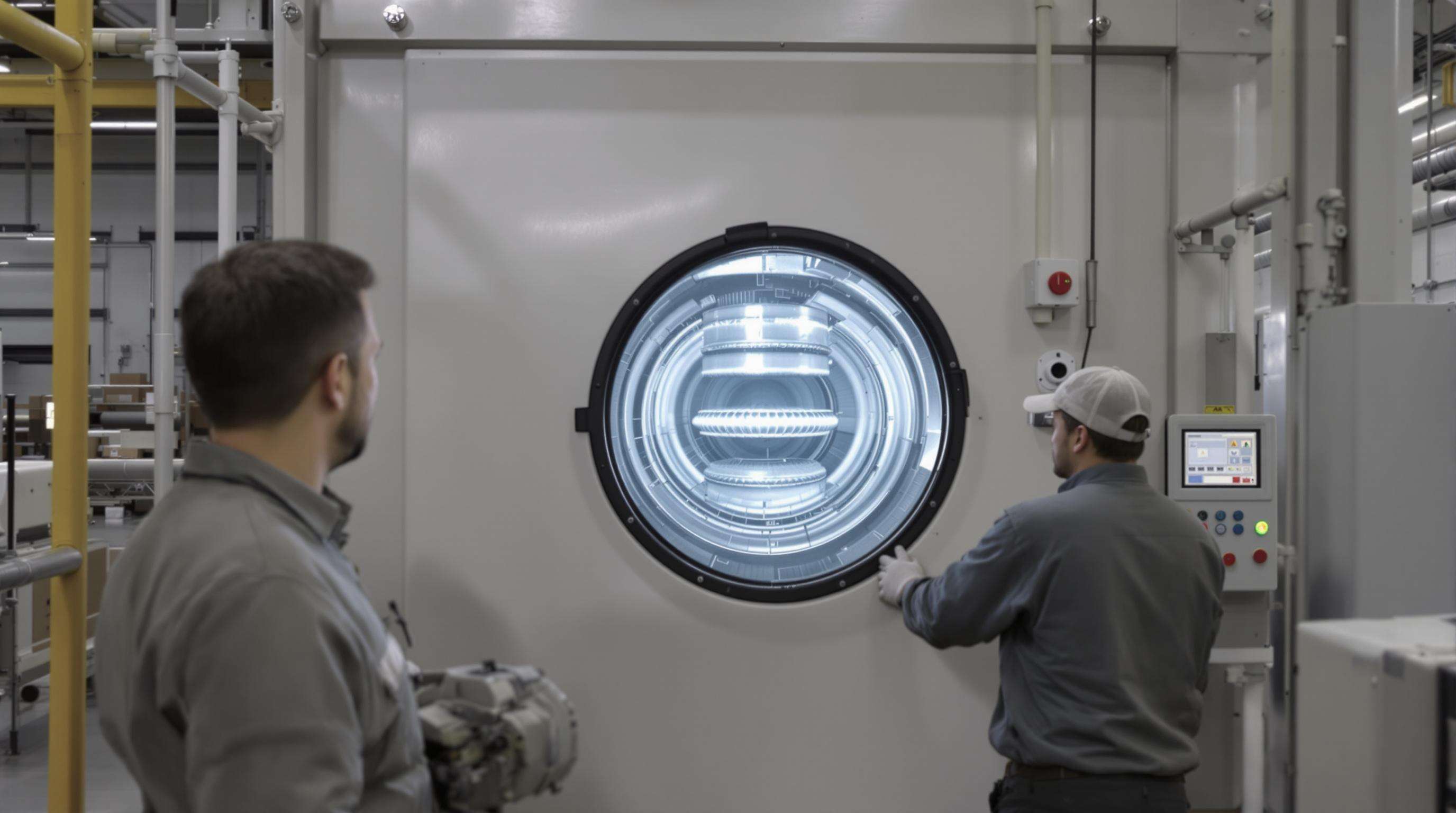 Worker inspecting swing screen machine through observation port as spiral material flow operates inside