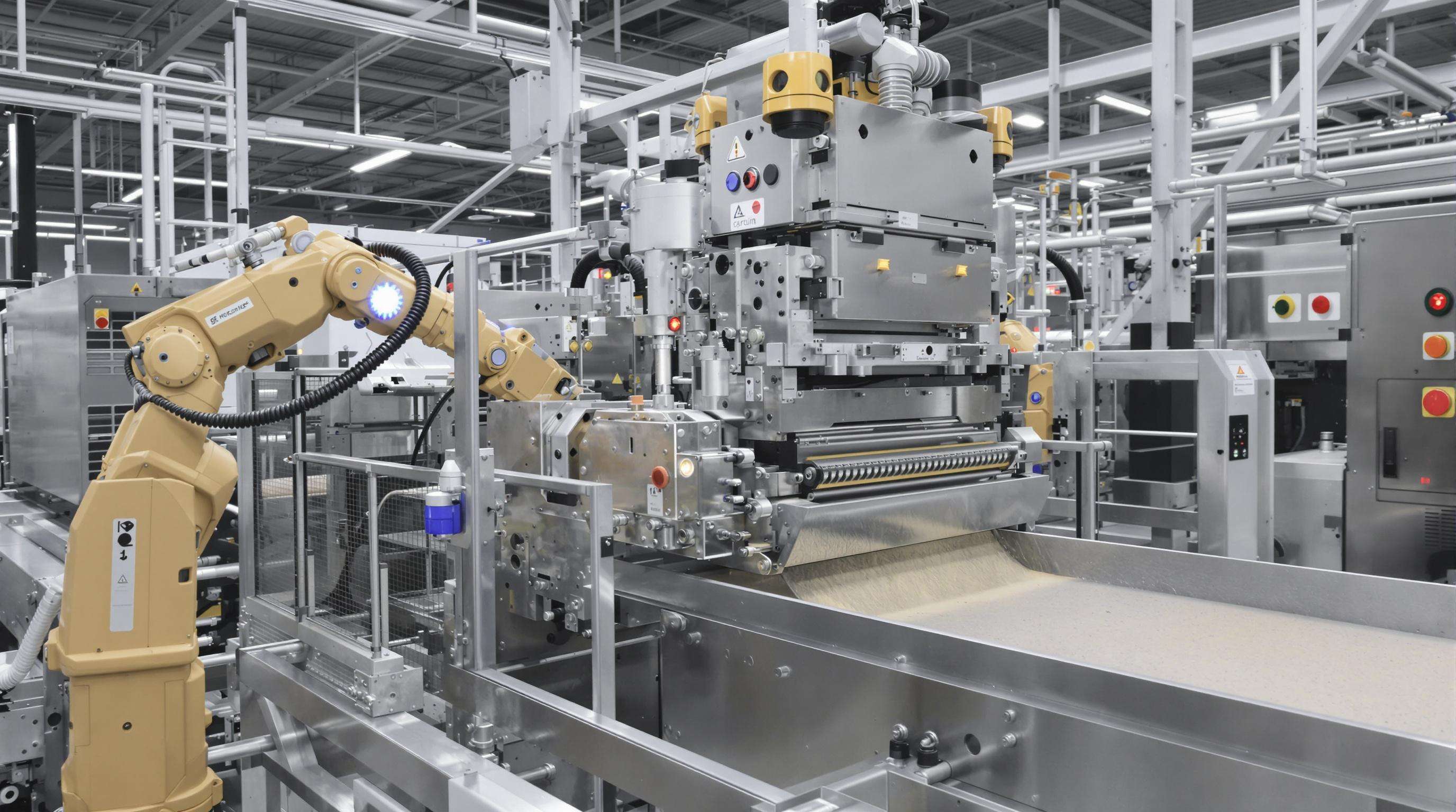 Automated swing screen machine with robotic arm and sensor arrays in a modern industrial facility