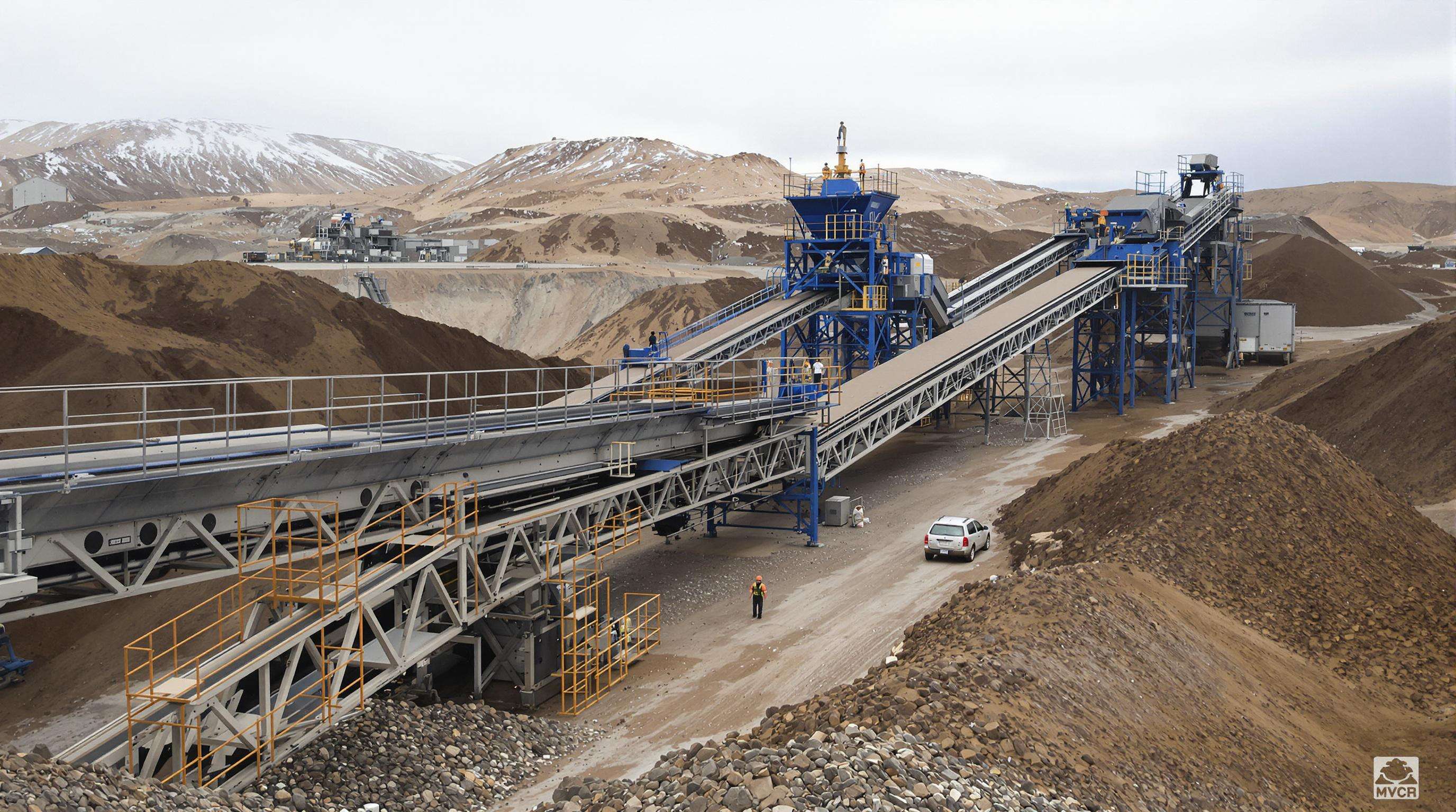 Copper mine swing screen system efficiently processing high volumes of ore with workers observing