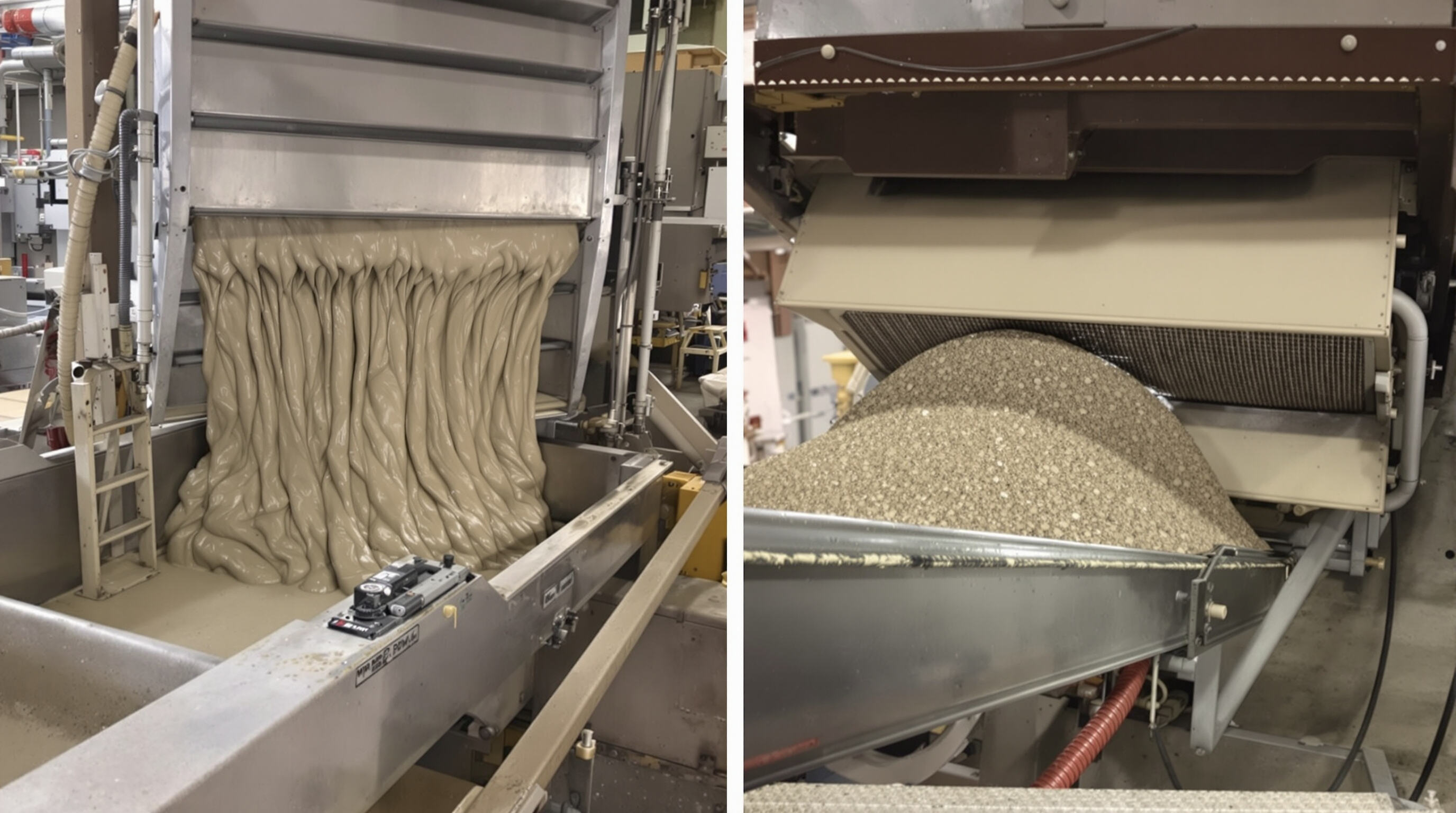 Comparison of swing and vibrating screens handling different materials, emphasizing compatibility with moist and dry substances.