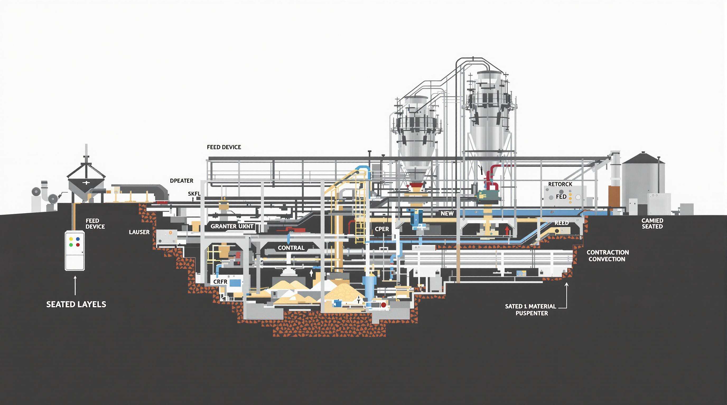 Photorealistic industrial material conveying system with conveyors, feed devices, and separation units in operation