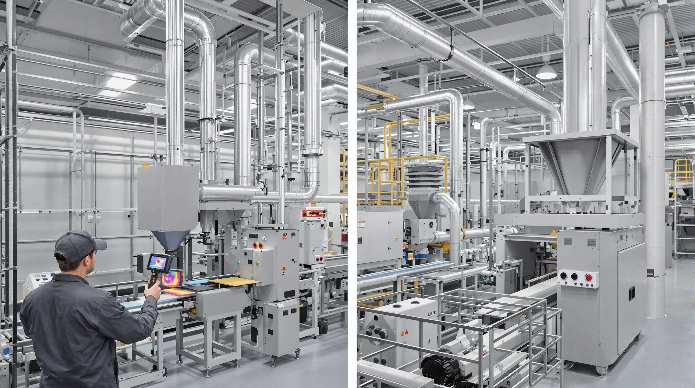 Plastics engineer using thermal scanner on ceramic-coated conveyor system with antistatic equipment in a manufacturing plant