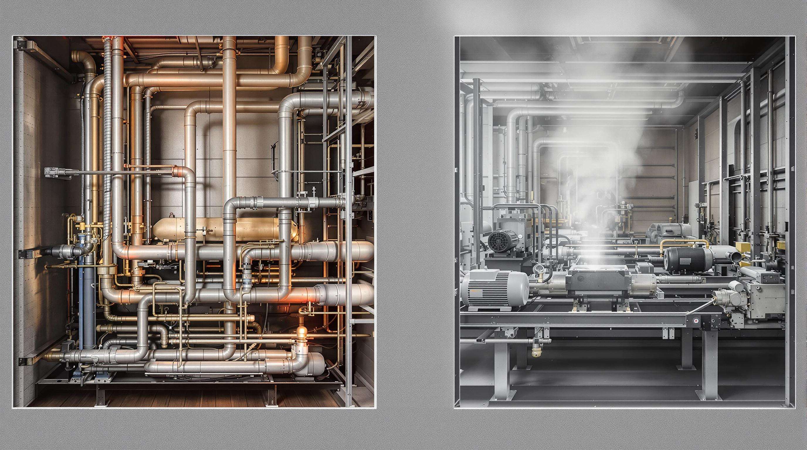 Realistic image of pneumatic versus mechanical systems highlighting compressors, belts, and energy differences