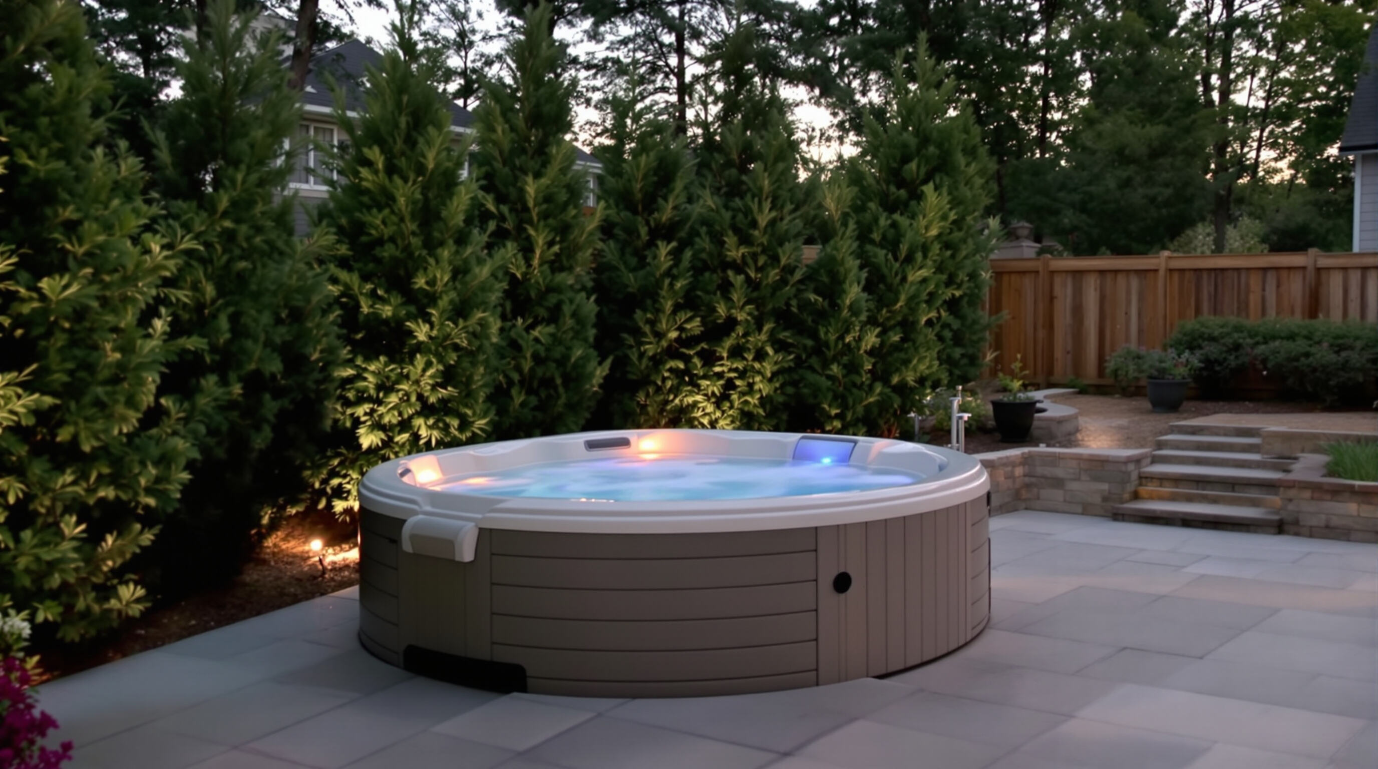 Outdoor hot tub placed for privacy and comfort with fencing and landscaping