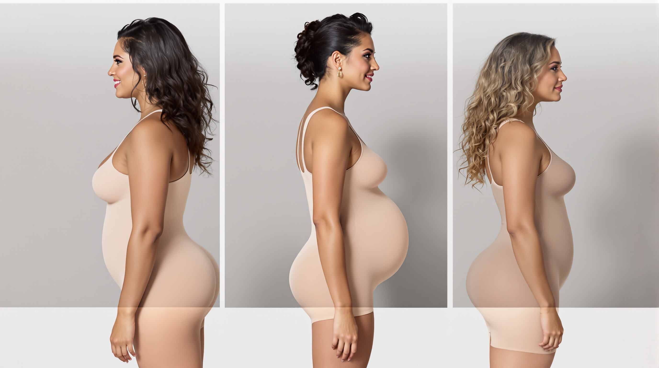 Three women modeling different tummy shapewear compression levels in a neutral studio setting