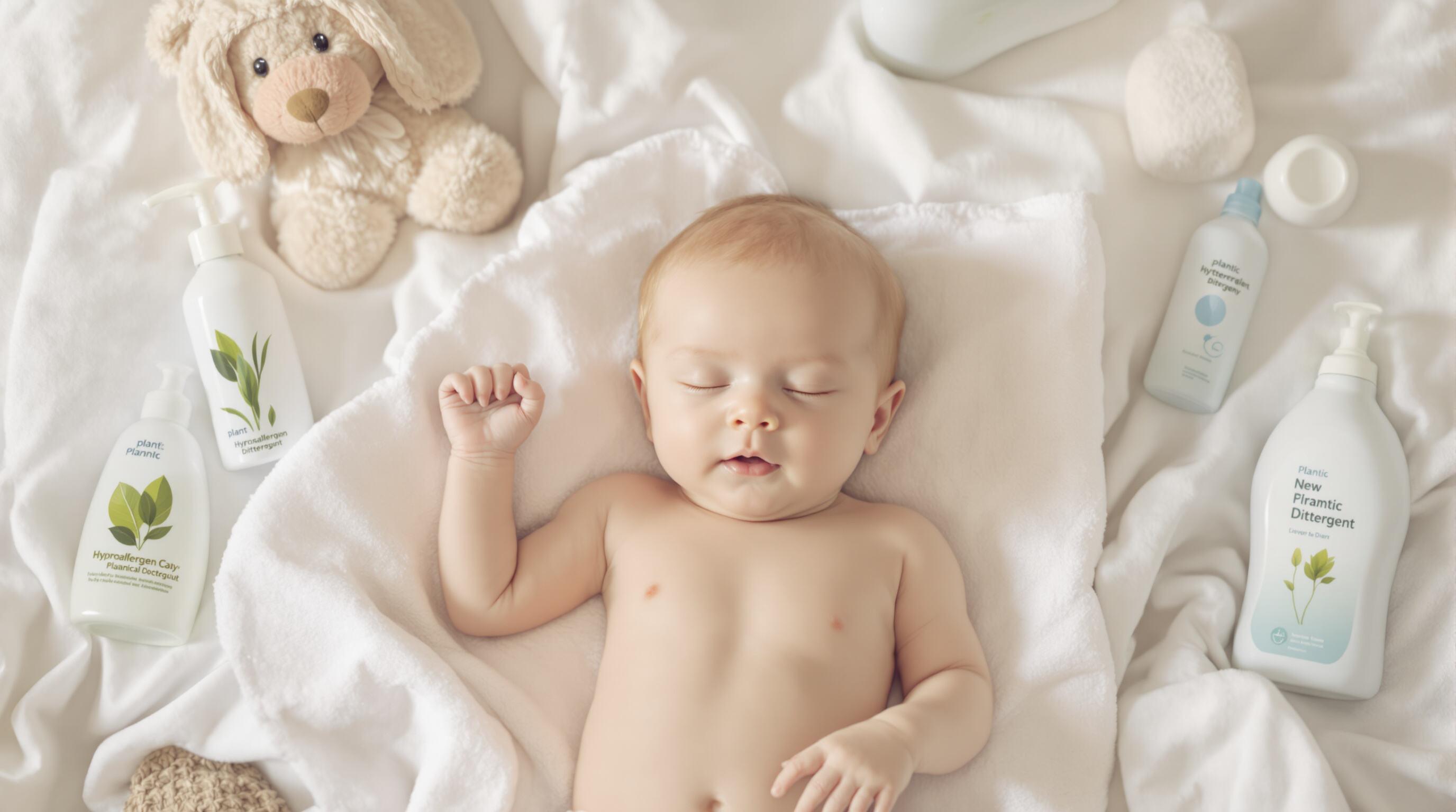 Baby on a white towel next to safe detergent bottles and plant-based products in a gentle, muted environment.