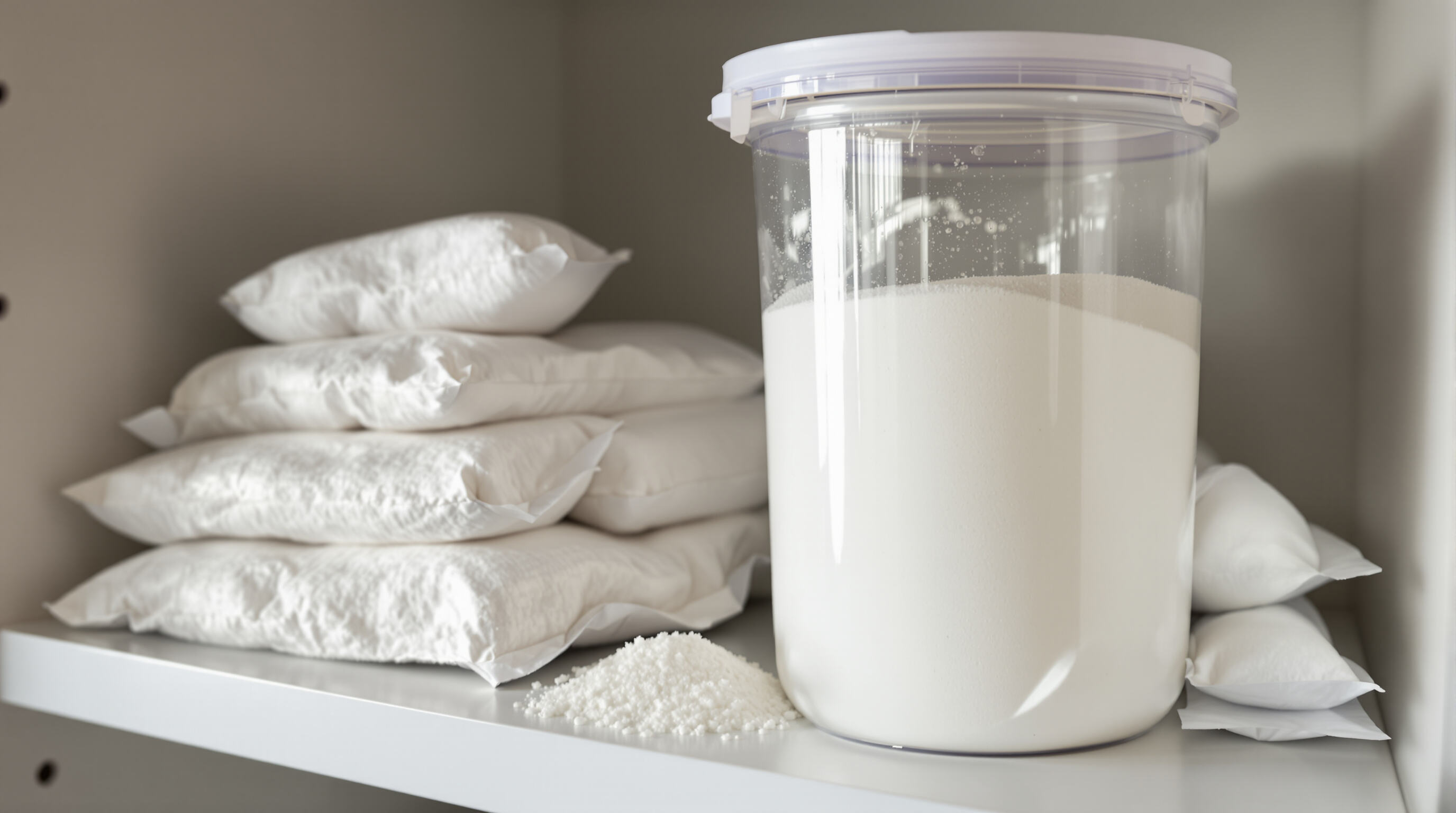 Airtight container of washing powder with silica gel packs stored in a dry, shaded area