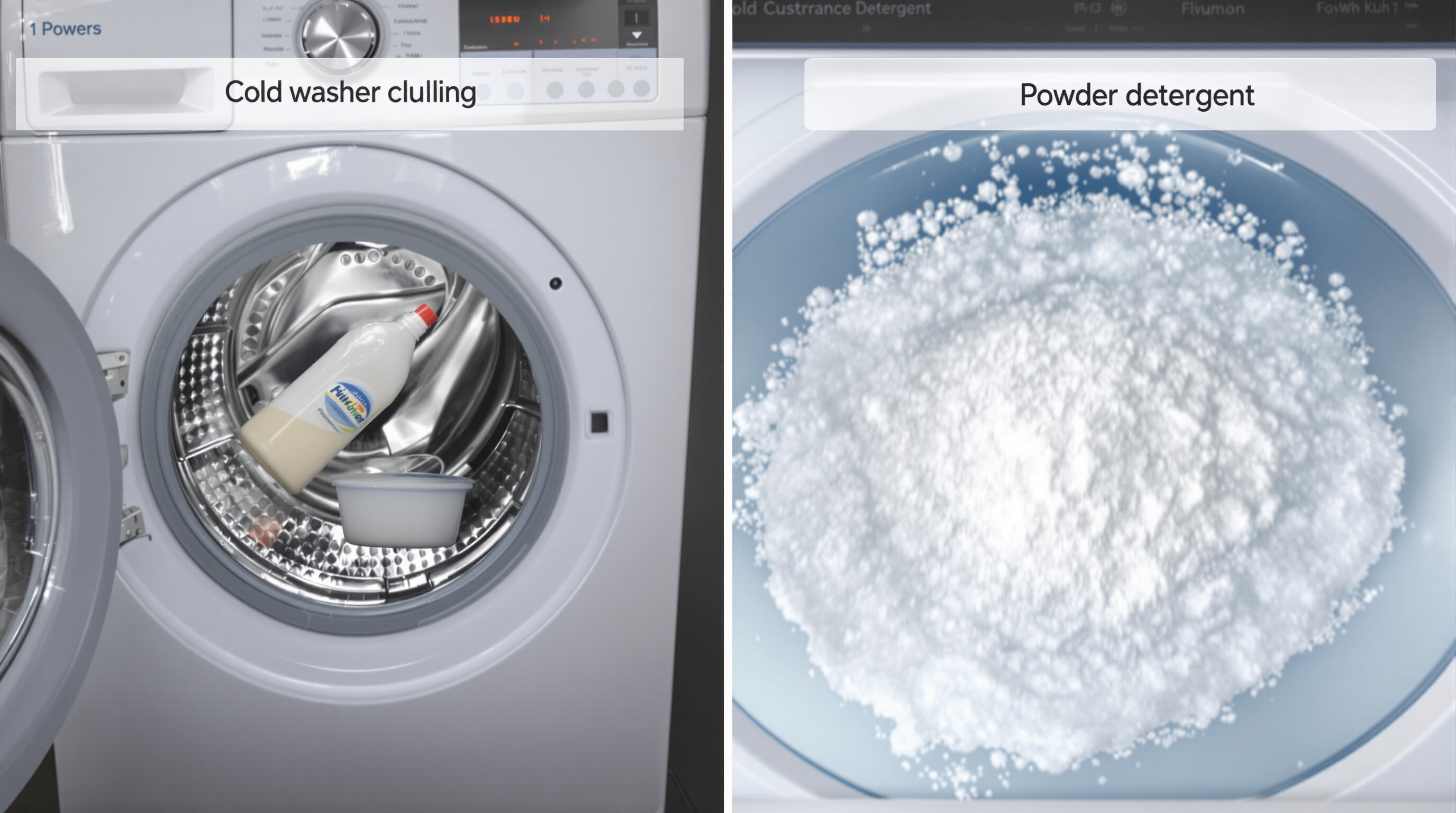 Comparison of liquid and powder detergent dissolving in cold water inside washing machines.