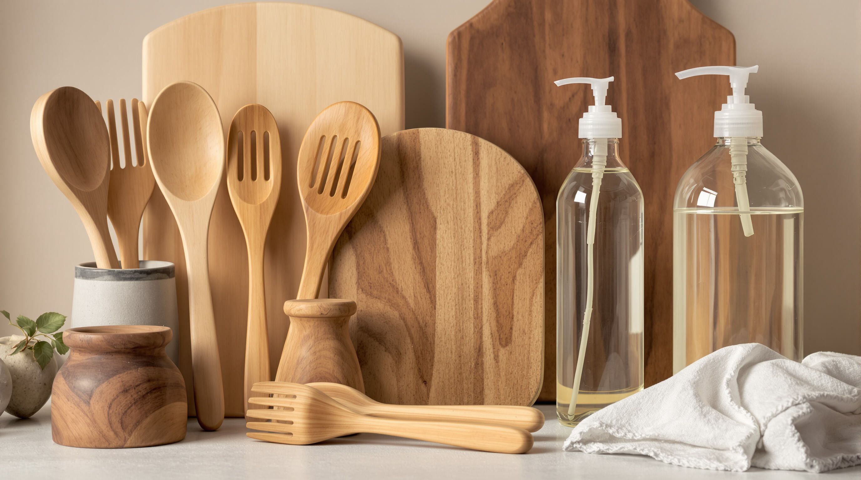 Wooden utensils and cutting boards near natural dishwashing liquid, emphasizing wood grain and oil finish
