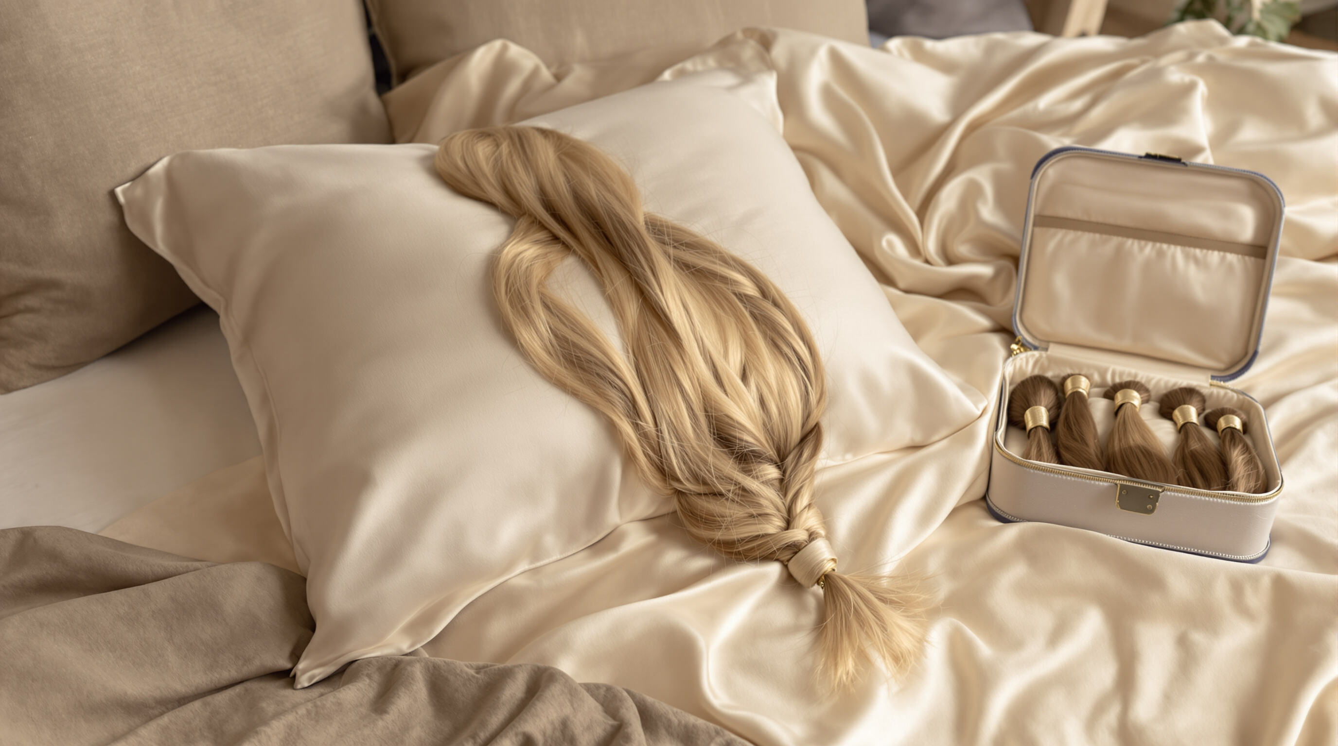 Braided hair extensions resting on a silk pillowcase beside a satin case for safe overnight storage.