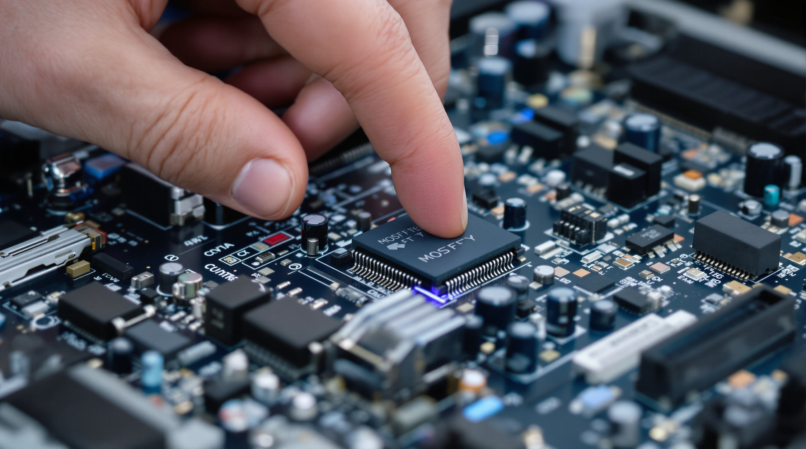 Technician adjusting an industrial MOSFET circuit board, emphasizing precise energy switching at component level