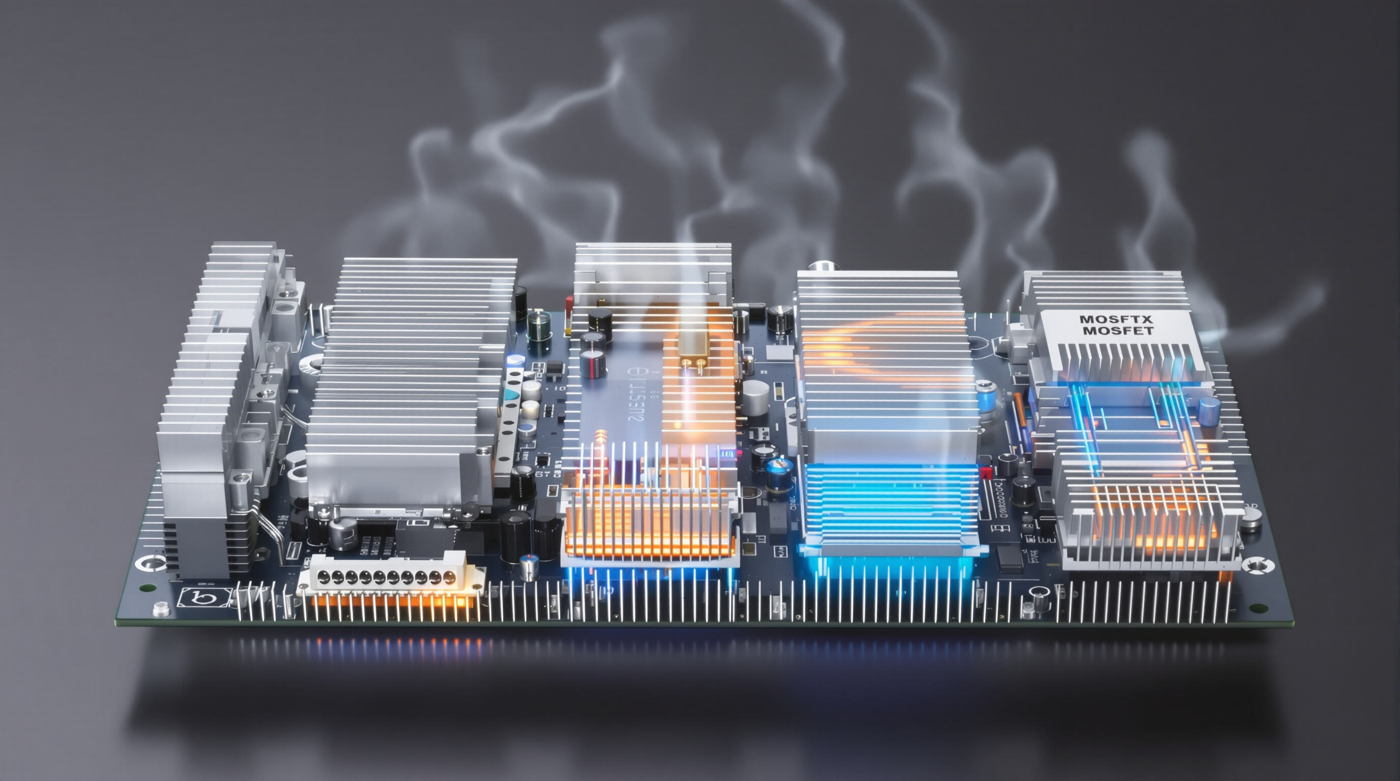 High-power MOSFETs on a board with heat sinks and cooling solutions, visualizing thermal management strategies