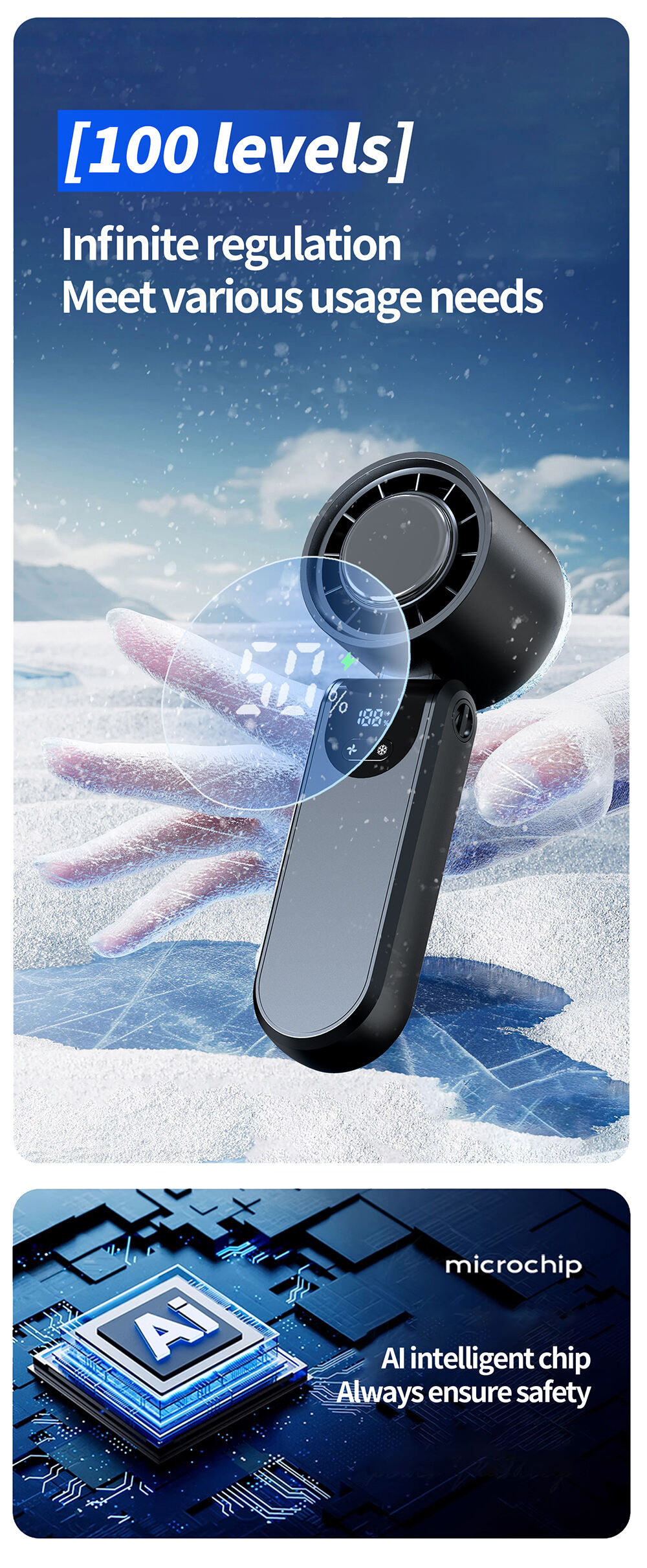 OEM Mini Portable Personal Cooling Fan Foldable Rechargeable 100 Speed Air Cooling Handheld Fan with Refrigeration Wearable Fan details