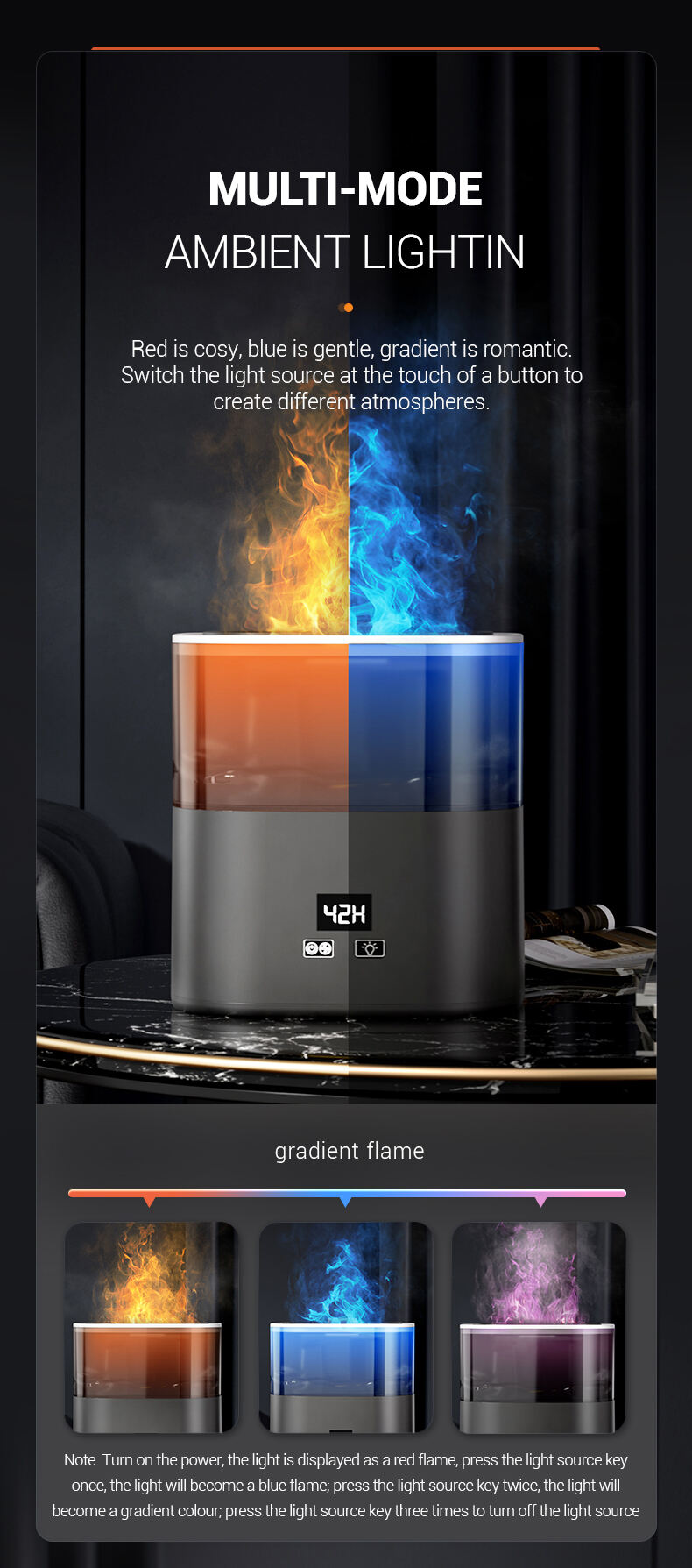 Desktop Flame Humidifier 1100ML Aromas Diffuser Air Purifier with Night Light Room Fragrance Volcano Humidifier for Living Room manufacture