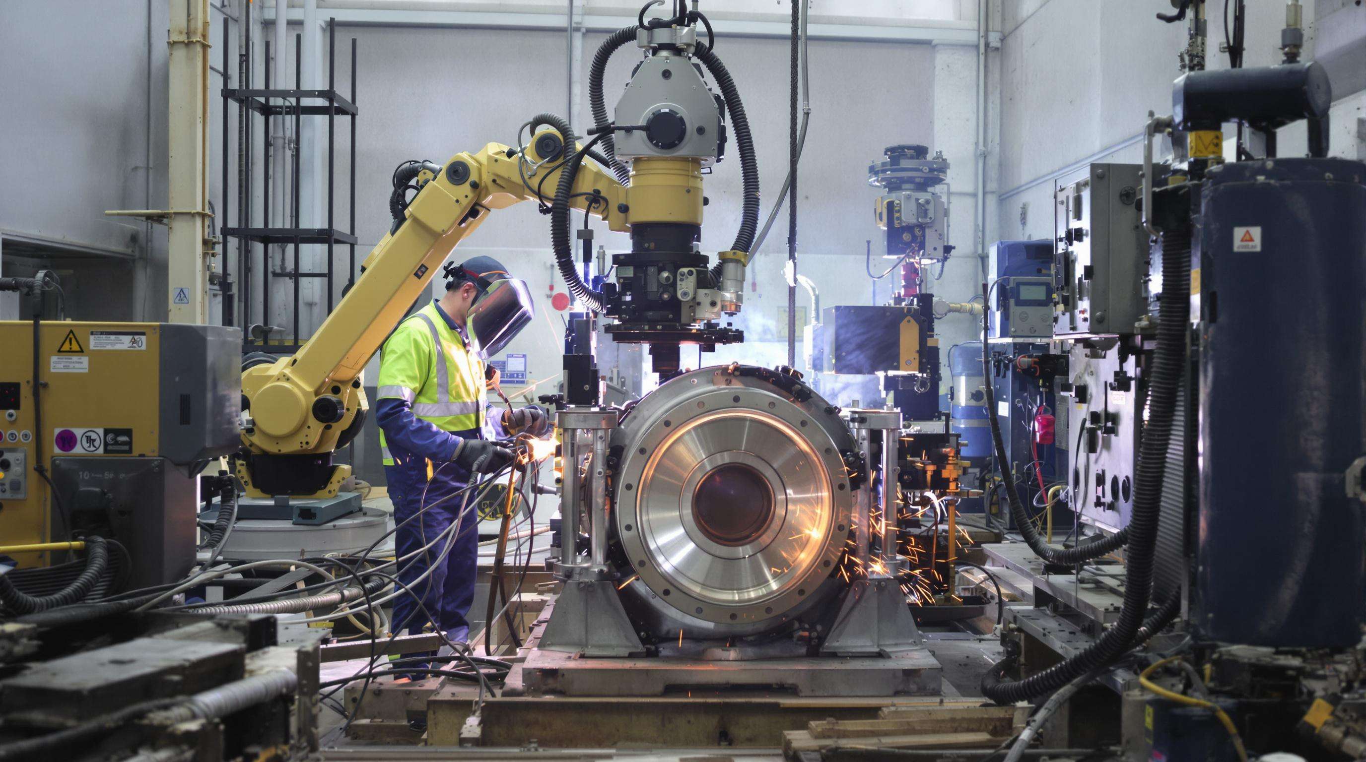 Industrial welder using automated and manual hardfacing welding equipment on metal components in a workshop.