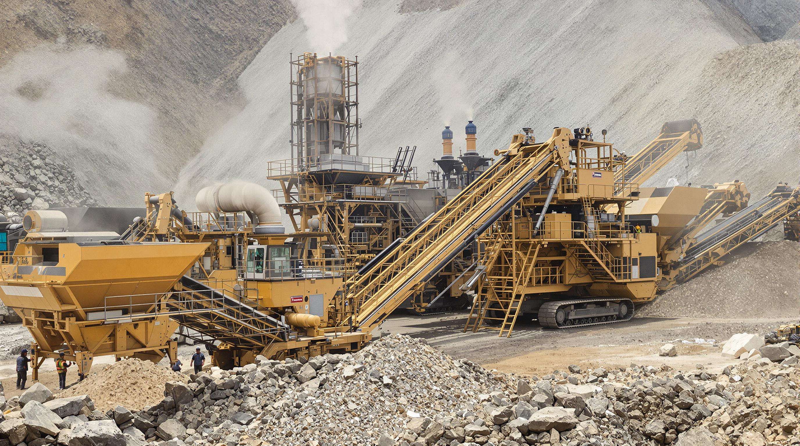 Industrial mining equipment fitted with shiny overlay plates operating in a dusty open-pit mine