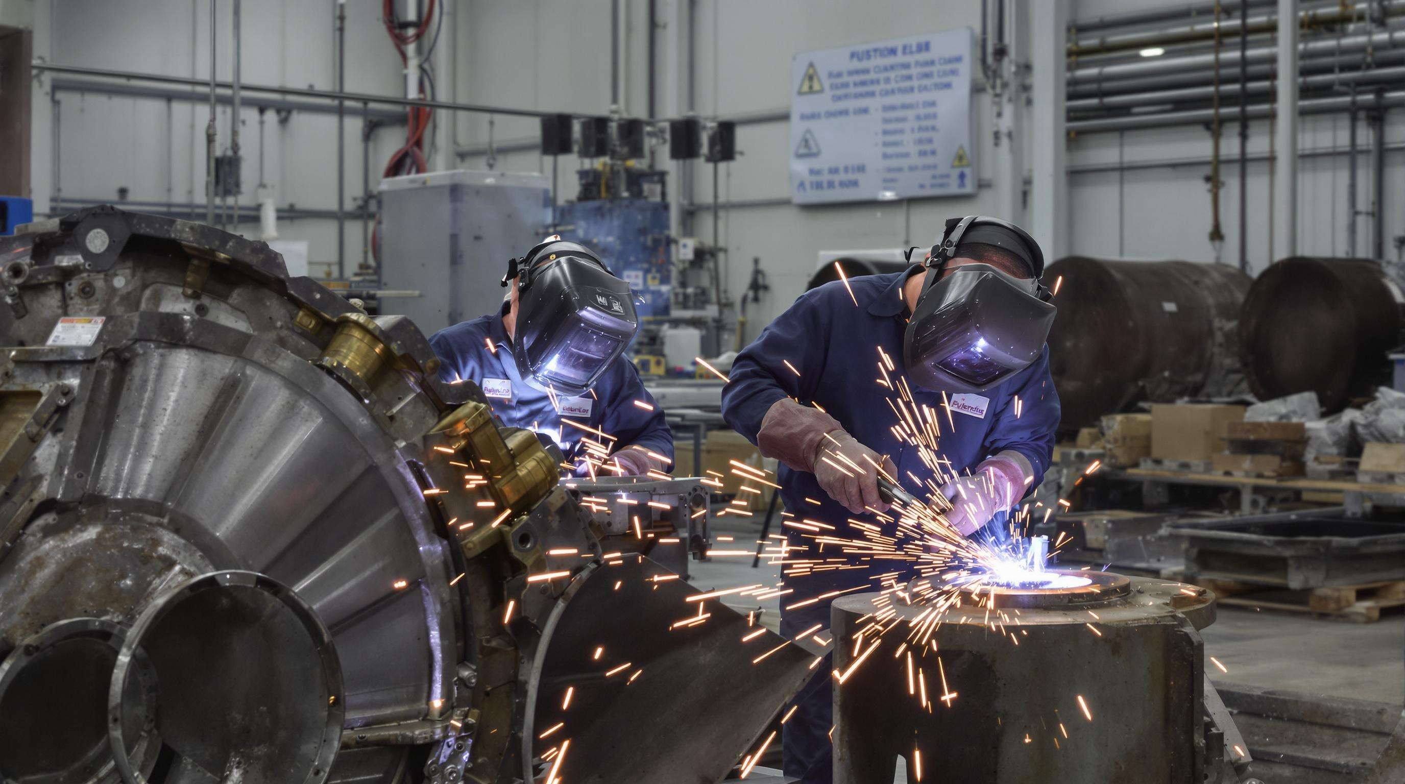 Two welders using different welding techniques on metal parts in a factory setting