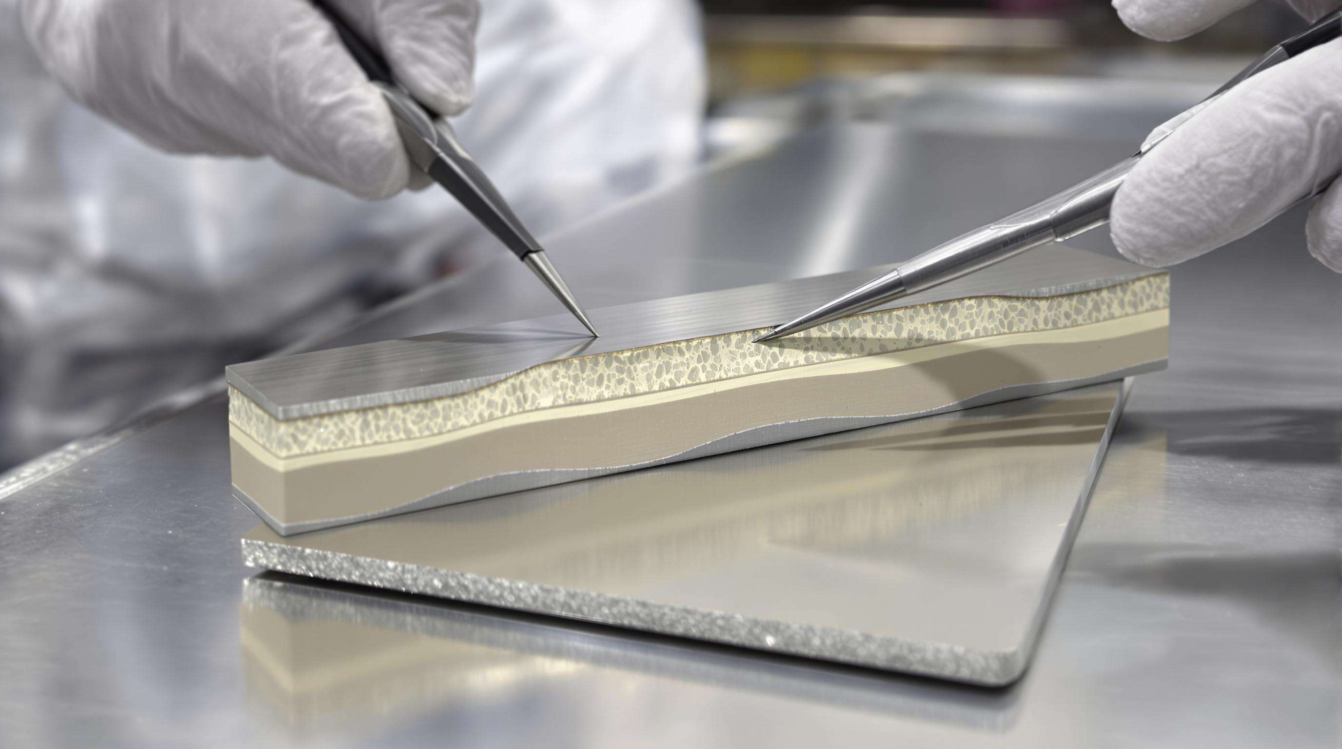 Photorealistic cross-section of a steel plate with visible alloy and carbide distribution, held by a scientist in a lab.