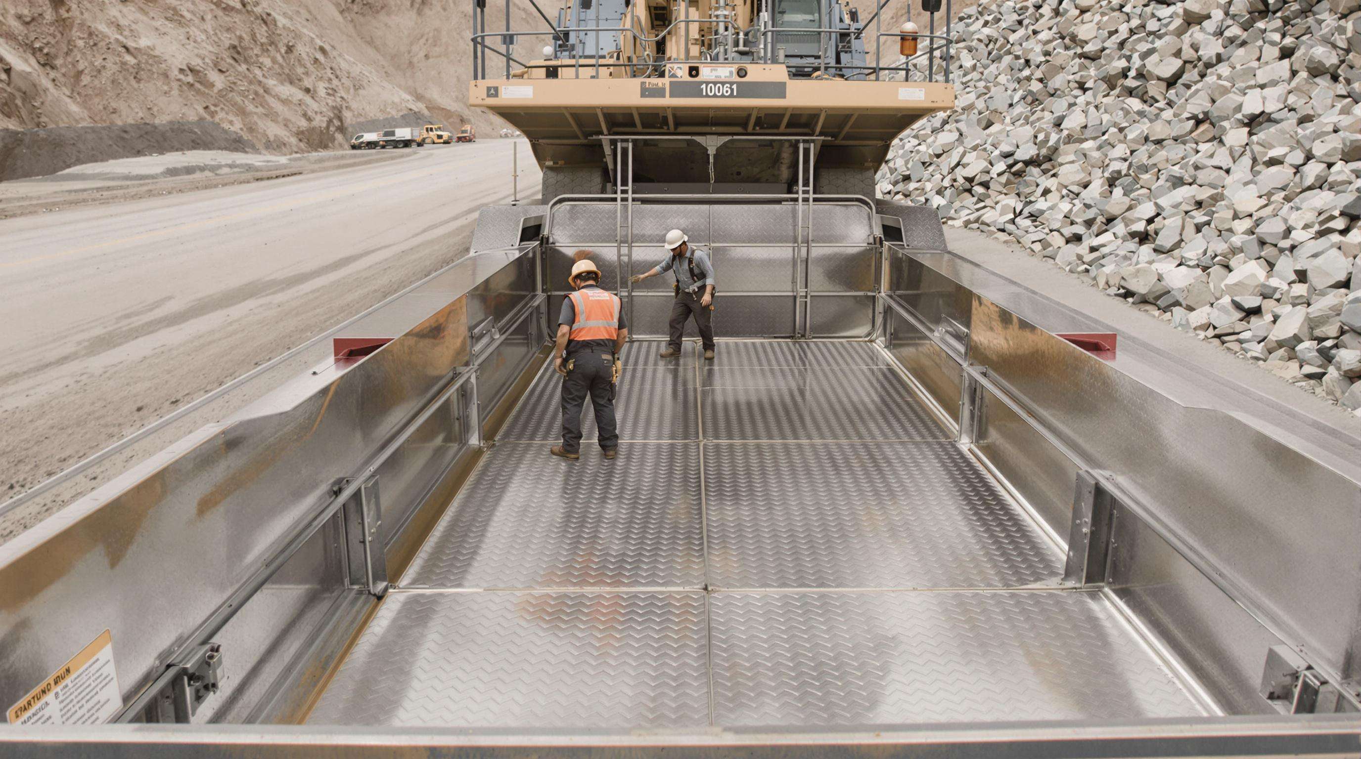 Industrial mining truck with chrome carbide plates installed in the bed, being inspected by workers