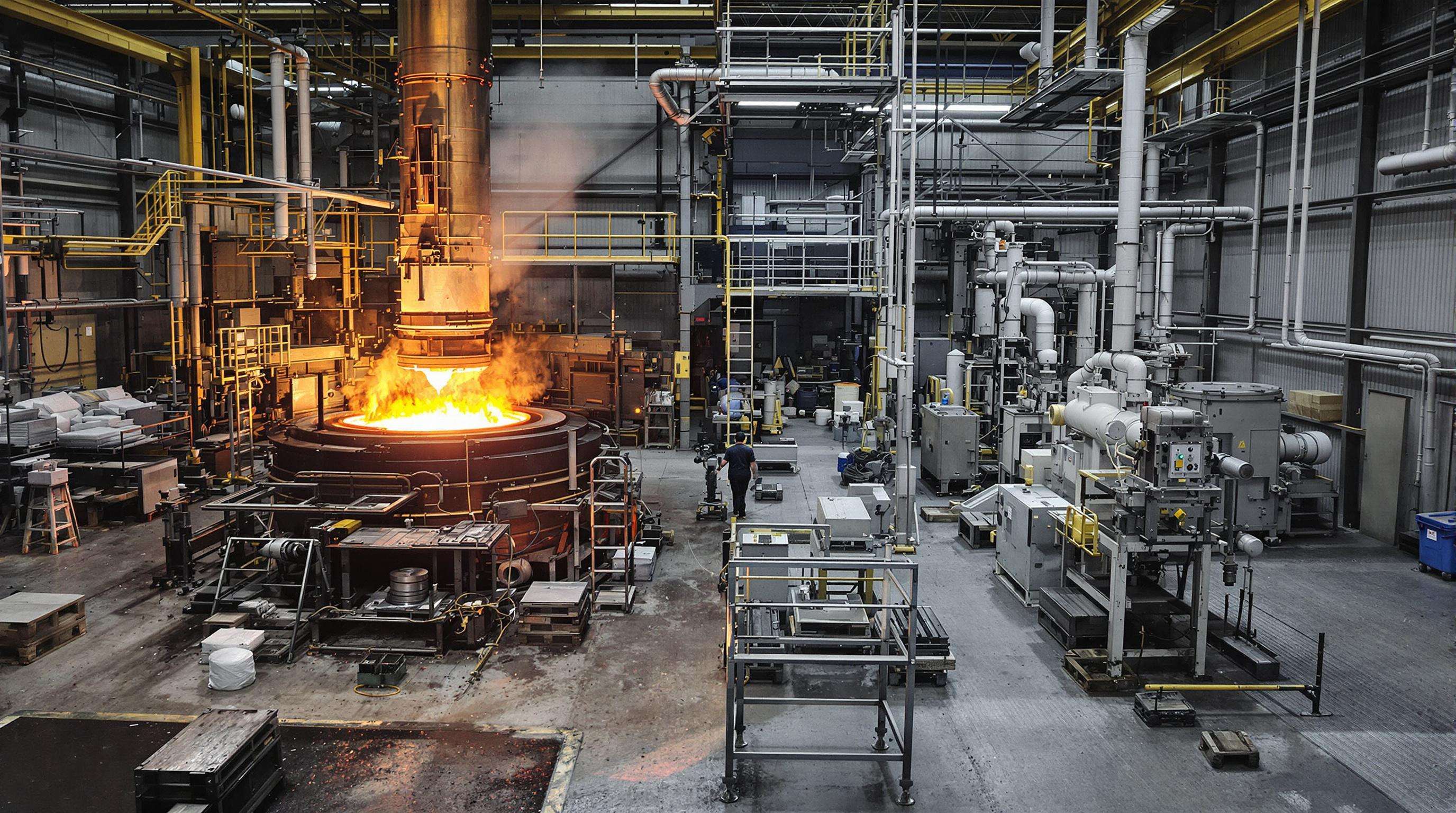 Industrial workshop showing metal casting process beside powder metallurgy equipment for making composites