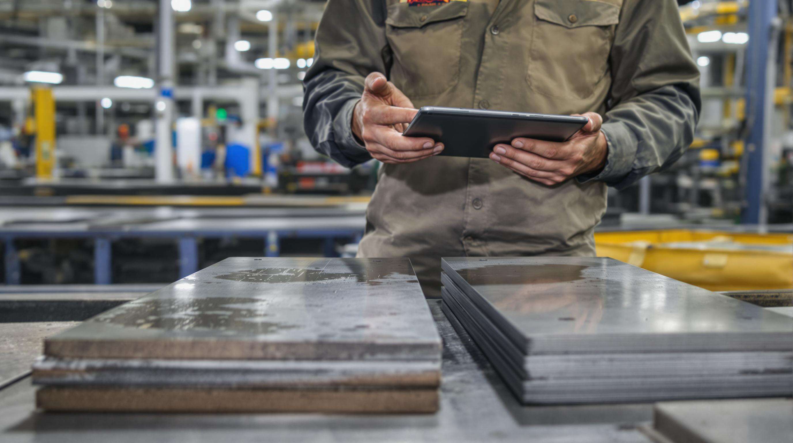 Photorealistic scene of an engineer comparing old and new steel plates with a tablet in a factory environment.