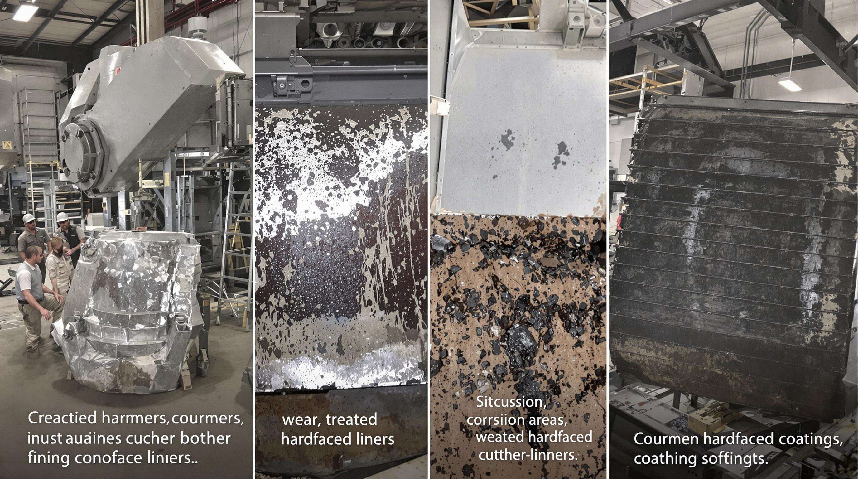 Engineers inspecting mining equipment parts showing abrasion, corrosion, and hardfaced coatings in an industrial workshop