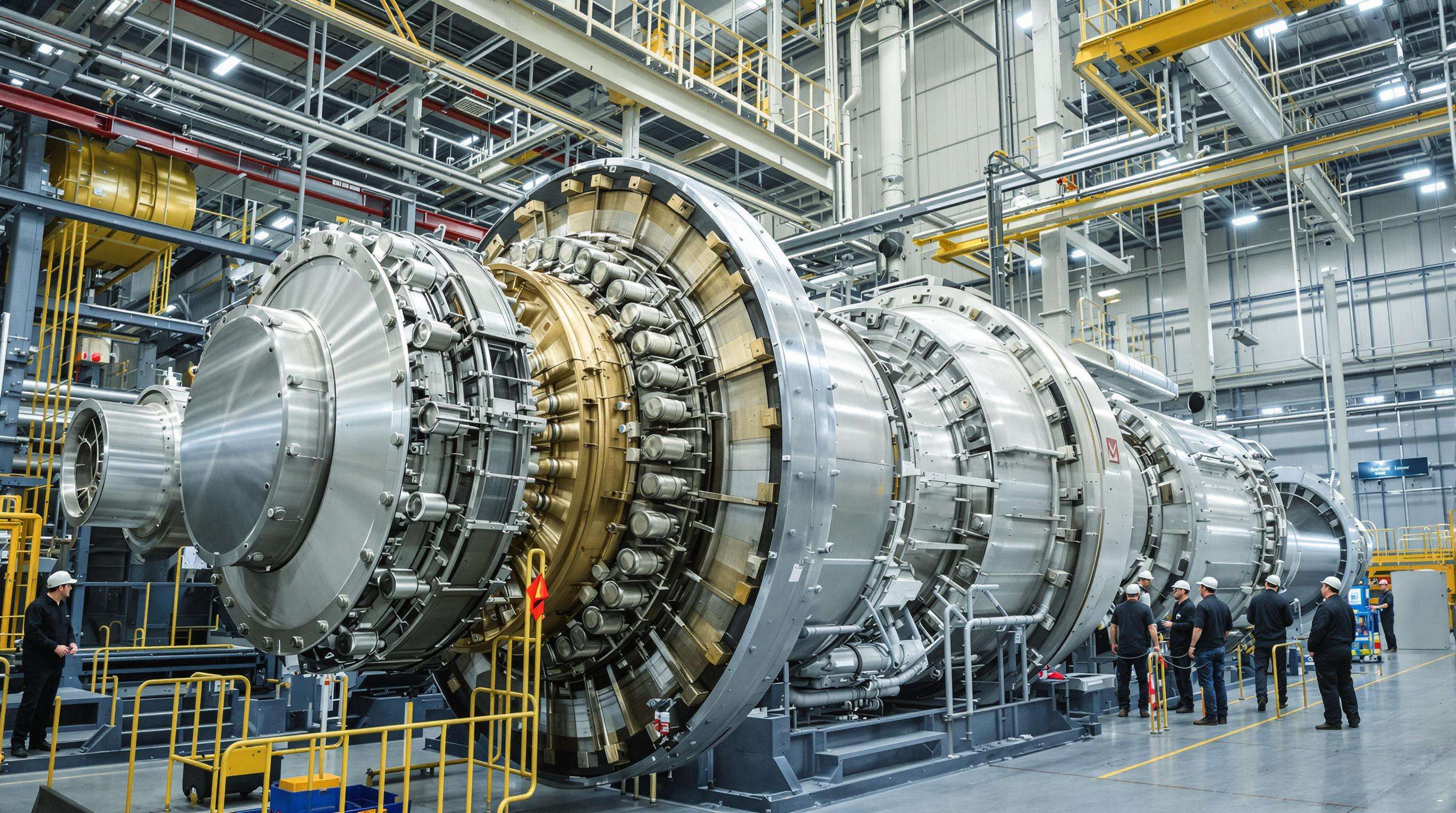 Engineers examining turbine machinery lined with metallic overlay plates inside a power plant
