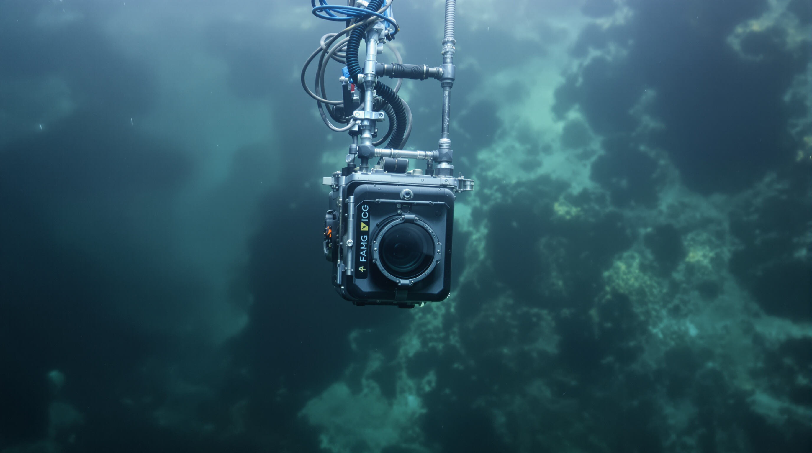 Underwater camera head submerged in a flooded well bore, showing rugged construction and mineral deposits