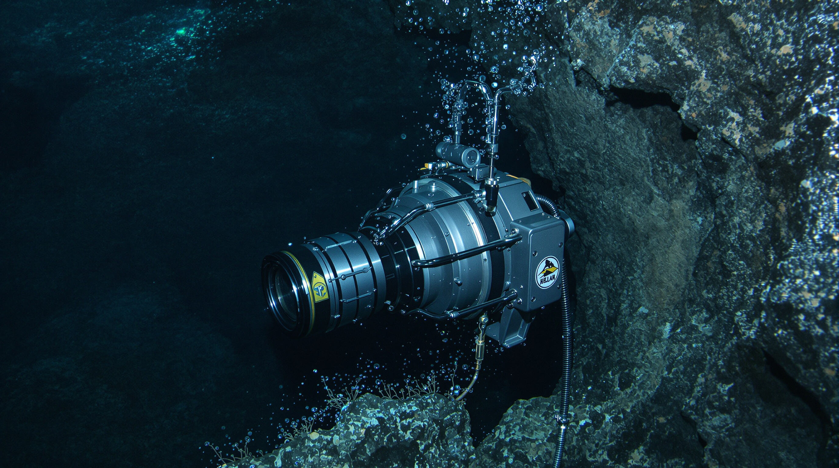 Titanium deep well camera operating under high water pressure near rocky well walls
