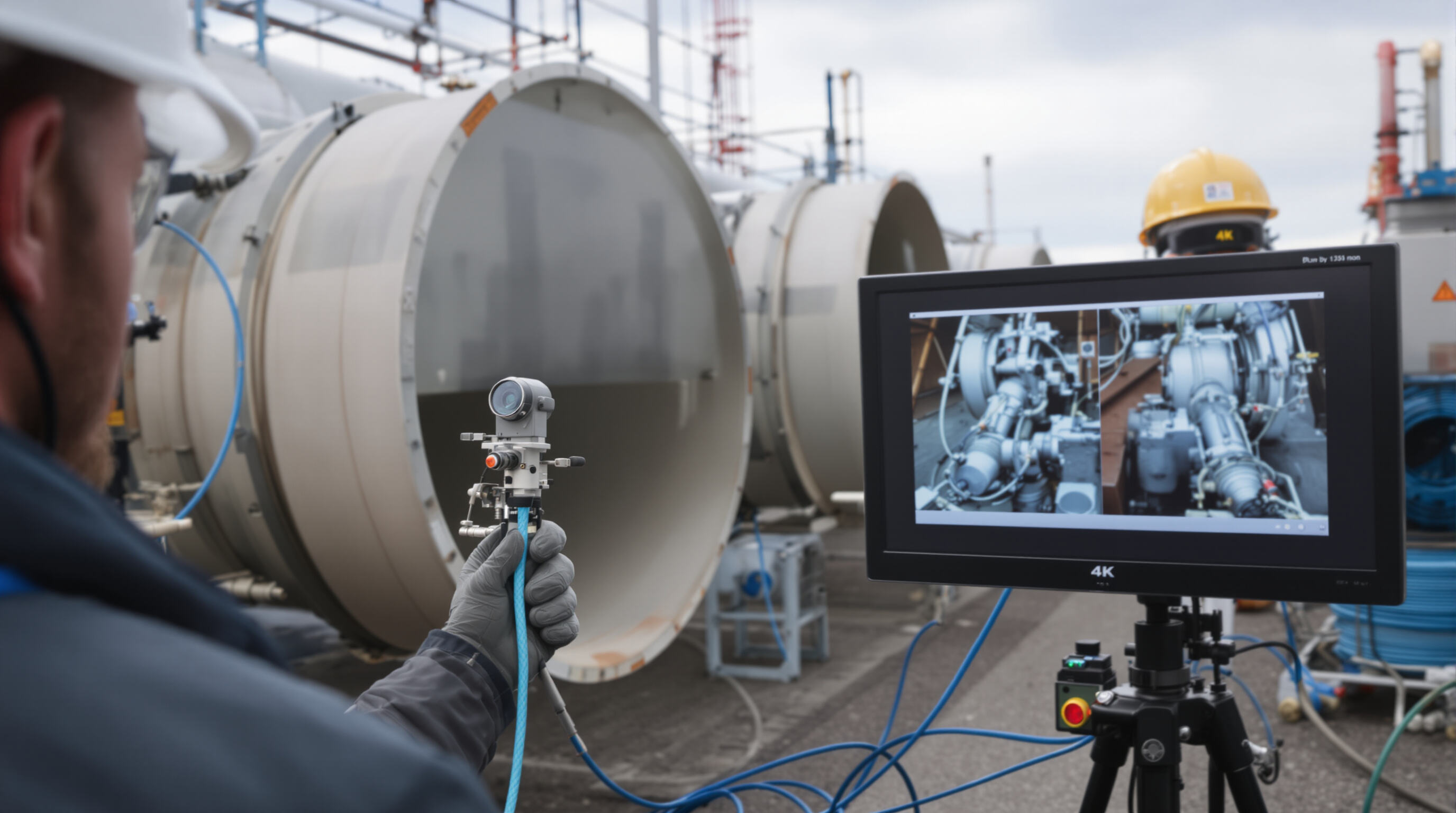 Fiber-optic connected HD pipe camera transmitting clear images to technician outdoors