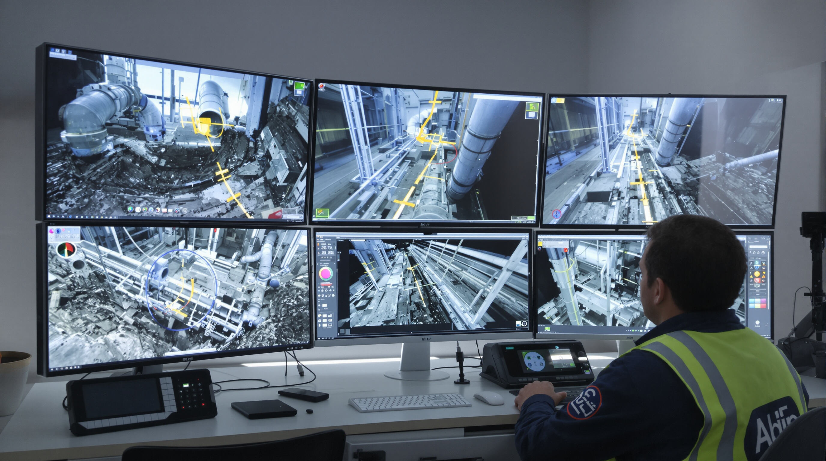 Technician viewing AI-analyzed pipe footage on monitors in a modern control room